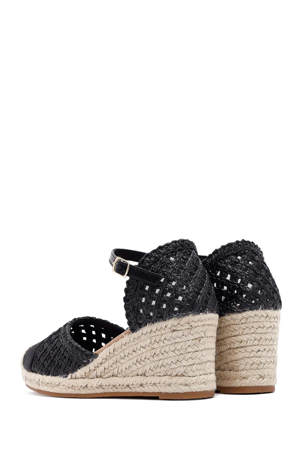 Kadın Siyah Bilekten Tokalı Örgülü Dolgu Topuklu Espadril Sandalet - Image 6