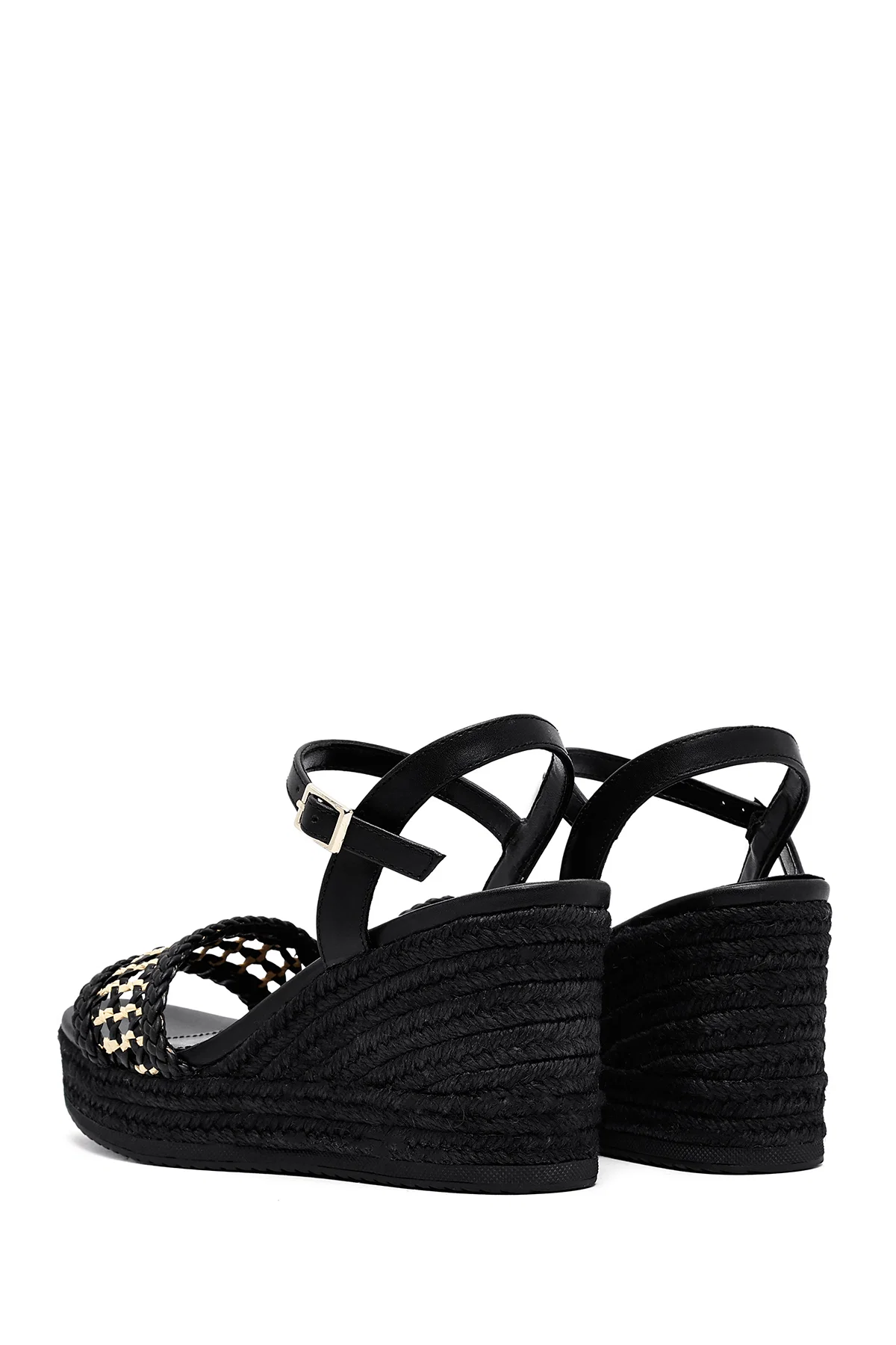 Kadın Siyah Bilekten Tokalı Örgülü Dolgu Topuklu Espadril Sandalet - Image 6