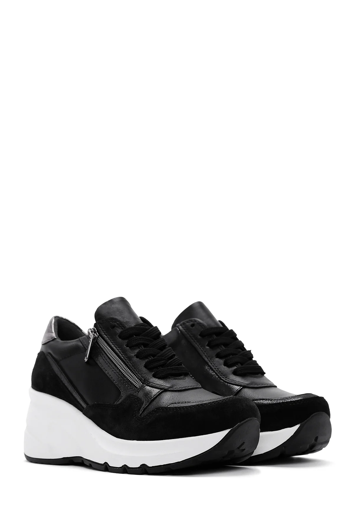 Kadın Siyah Deri Kalın Tabanlı Sneaker - Image 3