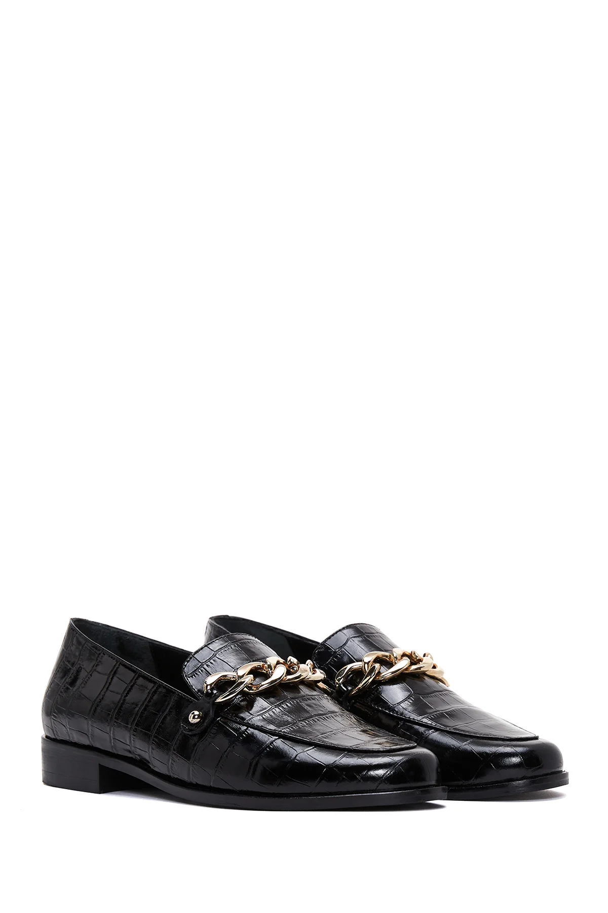 Kadın Siyah Deri Tokalı Kroko Klasik Loafer - Image 3