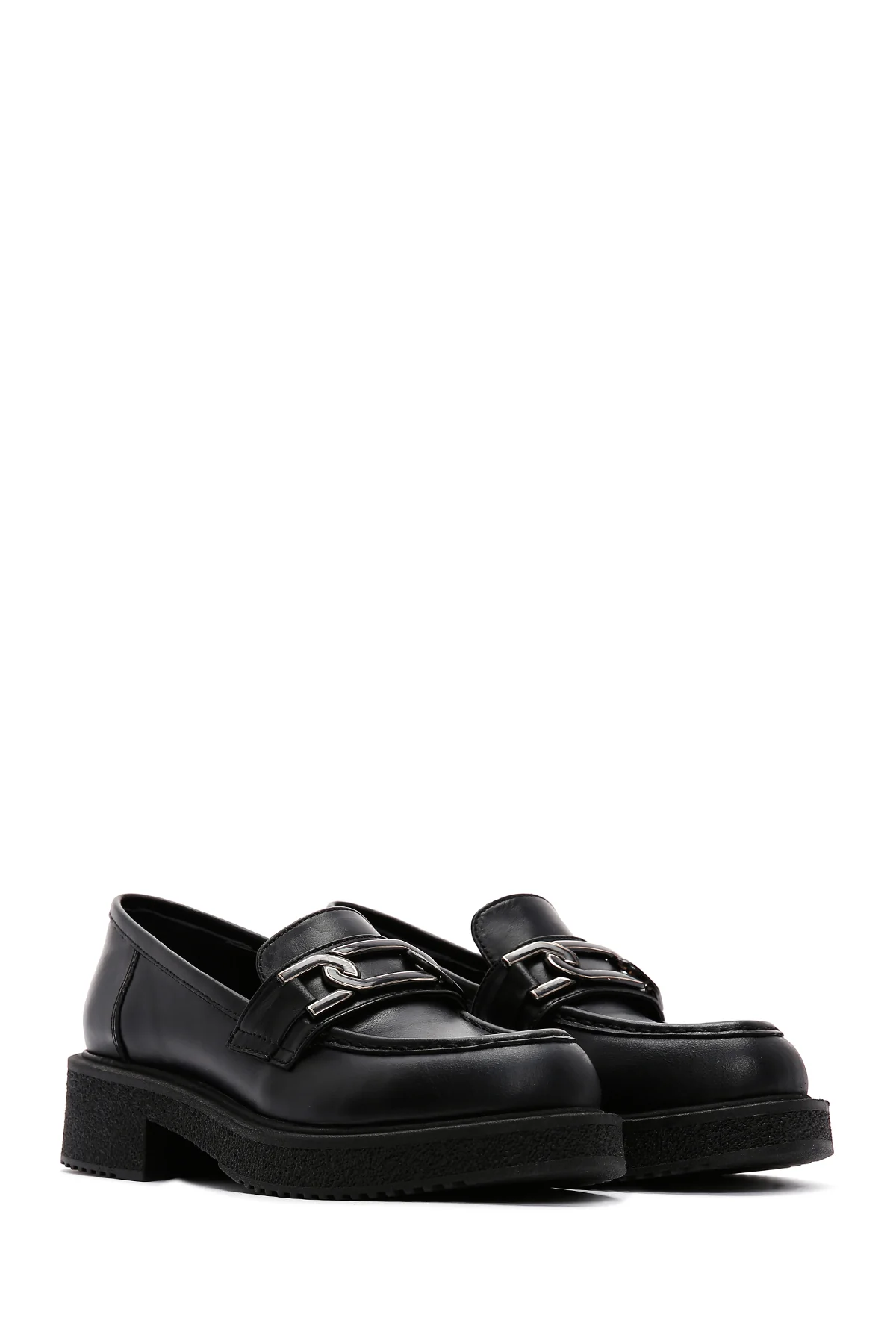 Kadın Siyah Deri Tokalı Maskülen Casual Loafer - Image 3
