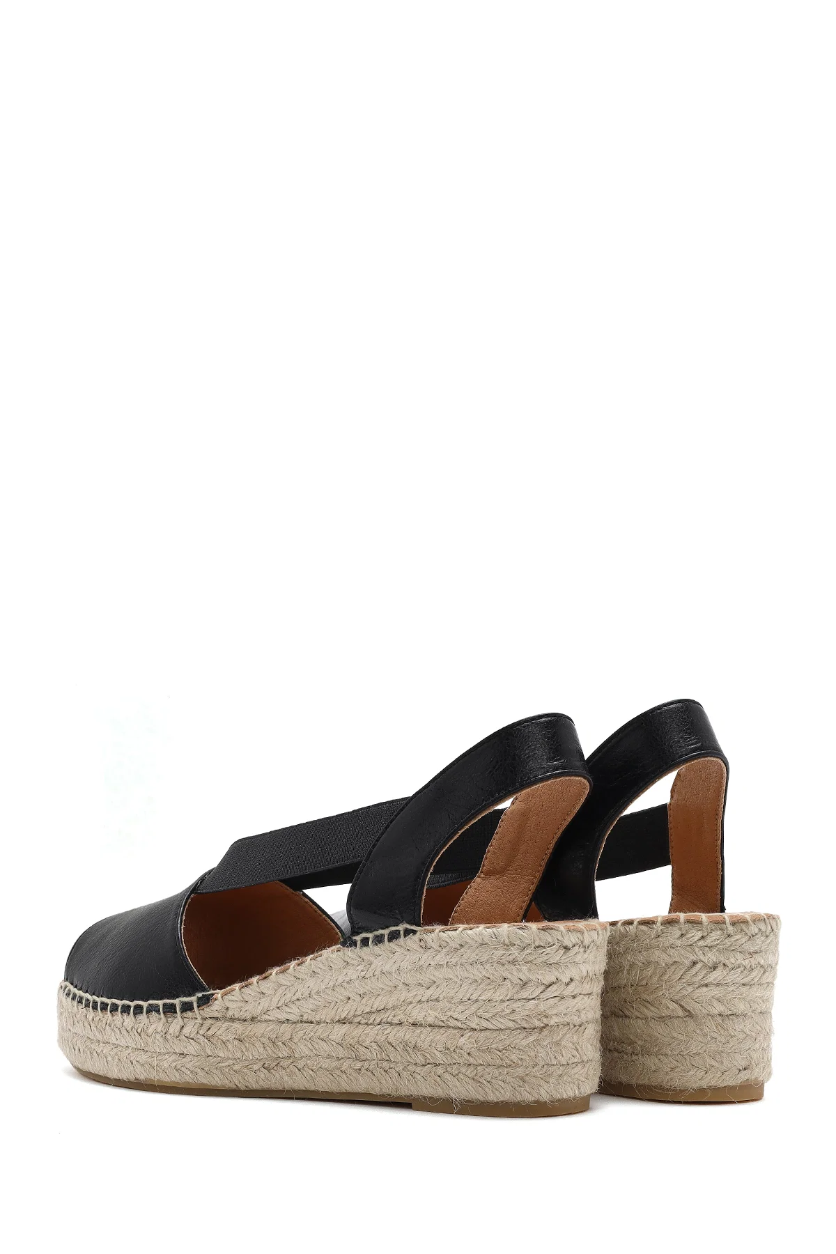 Kadın Siyah Dolgu Topuklu Deri Espadril Sandalet - Image 6