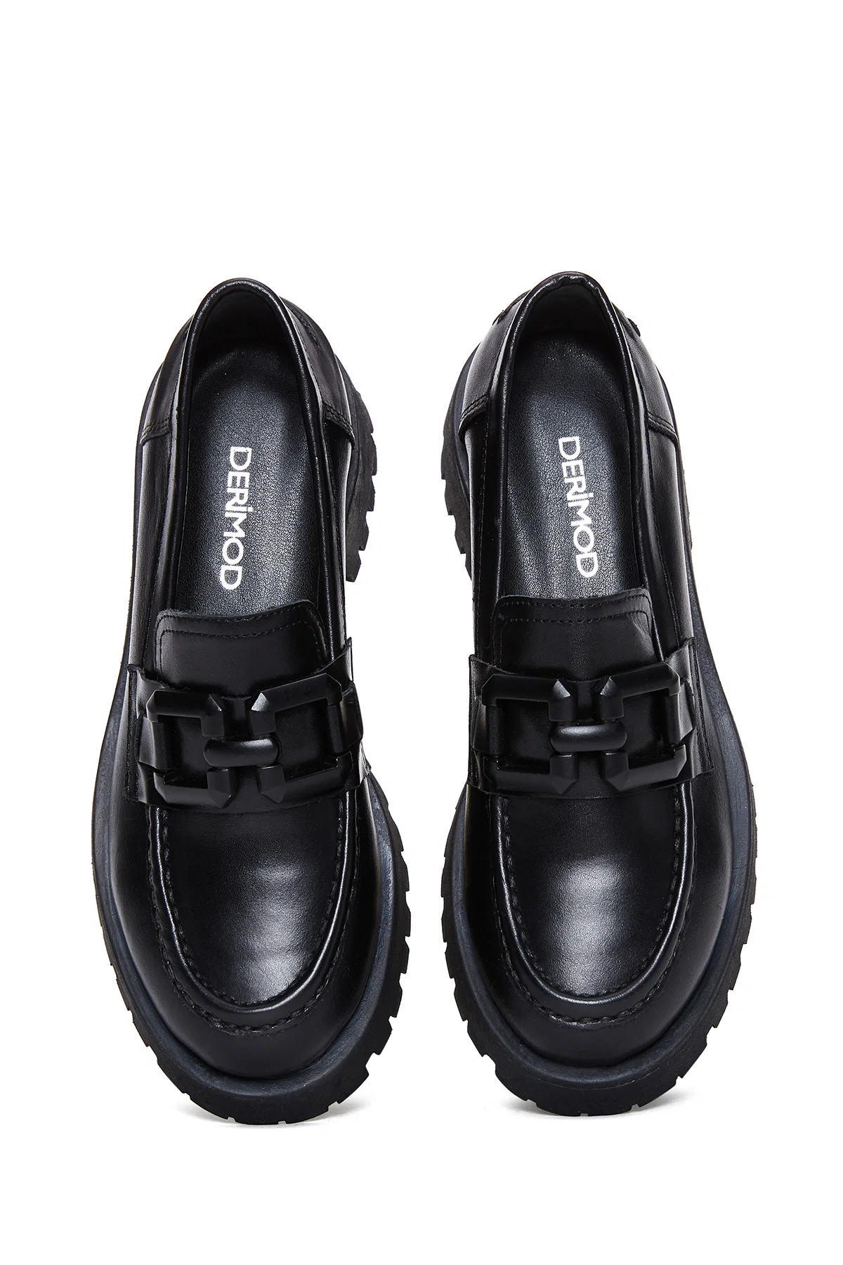 Kadın Siyah Kalın Tabanlı Deri Maskülen Loafer - Image 6