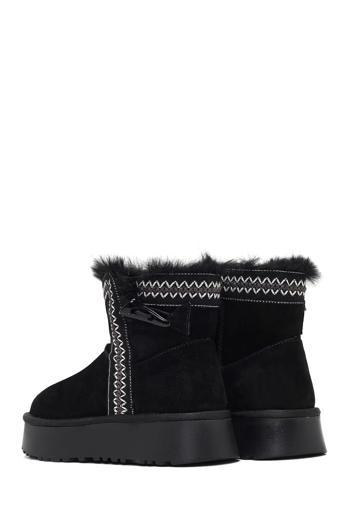 Kadın Siyah Kalın Tabanlı Desenli Süet Deri Teddy Bot - Image 6