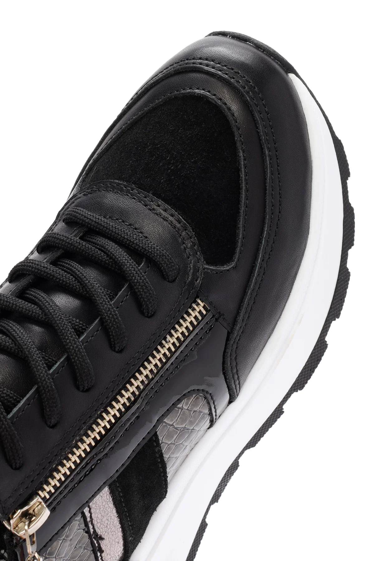 Kadın Siyah Kalın Tabanlı Fermuarlı Deri Sneaker - Image 10