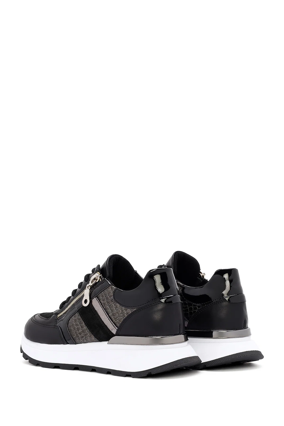 Kadın Siyah Kalın Tabanlı Fermuarlı Deri Sneaker - Image 5