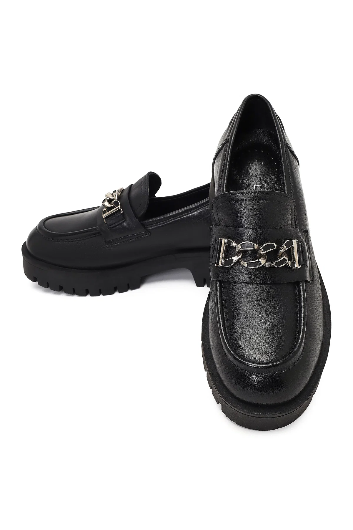 Kadın Siyah Kalın Tabanlı Tokalı Deri Maskülen Loafer - Image 10