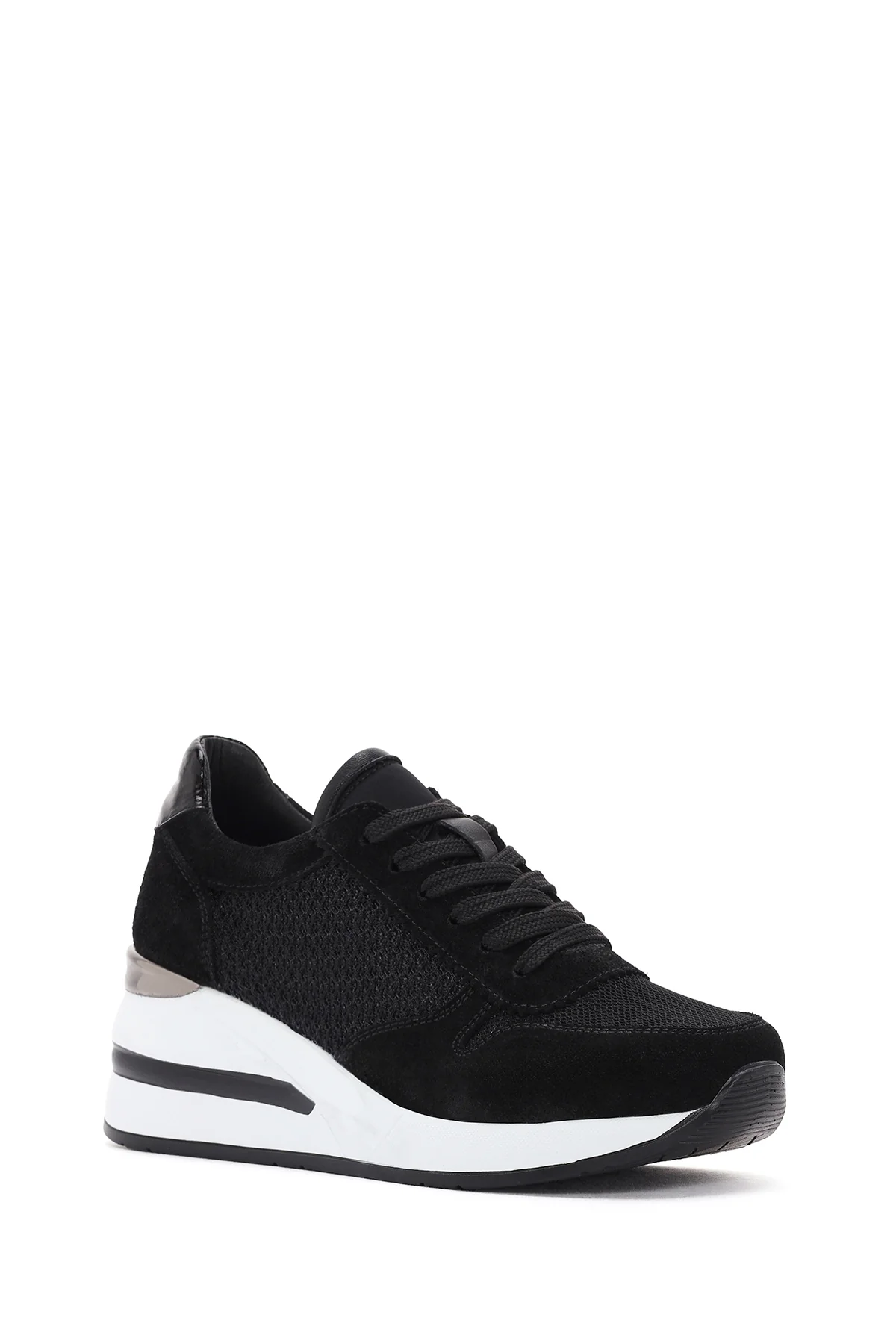 Kadın Siyah Kalın Topuklu Bağcıklı Deri Sneaker - Image 6
