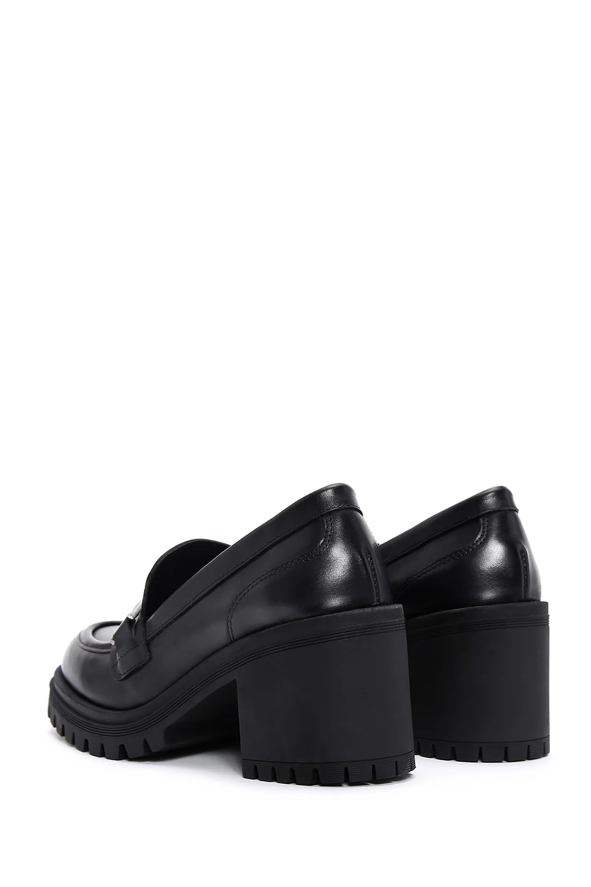 Kadın Siyah Kalın Topuklu Deri Maskülen Loafer - Image 5