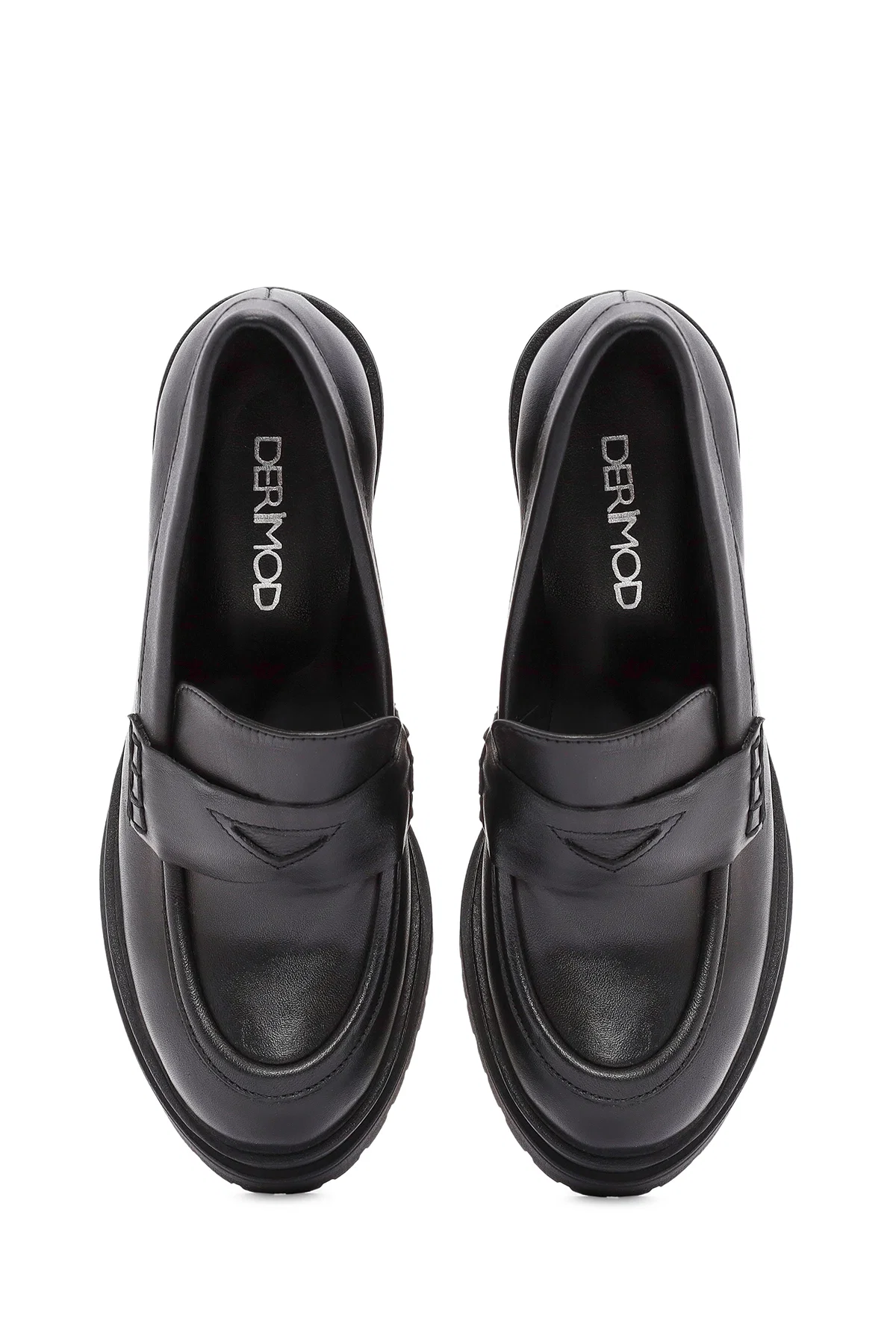 Kadın Siyah Kalın Topuklu Deri Maskülen Loafer - Image 8