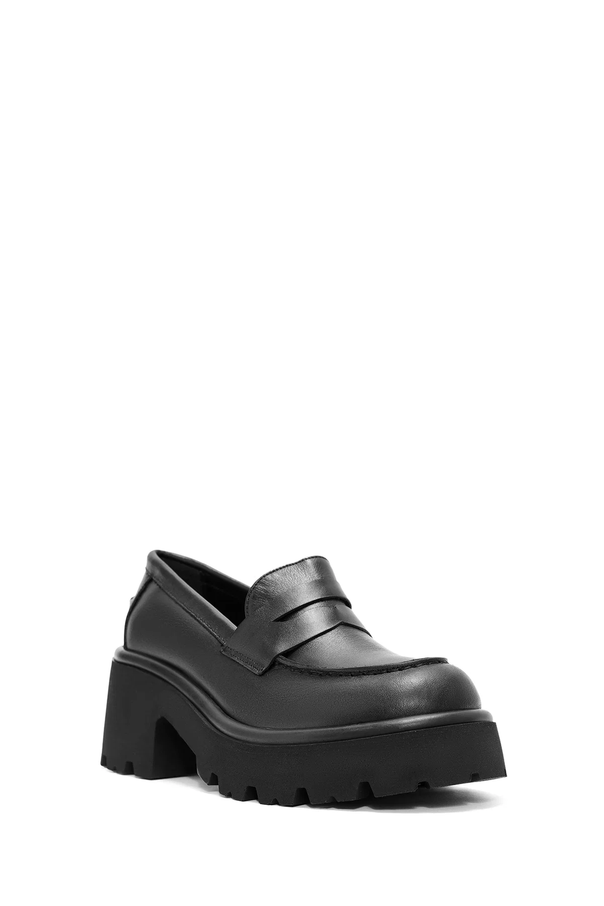 Kadın Siyah Kalın Topuklu Deri Maskülen Loafer - Image 7