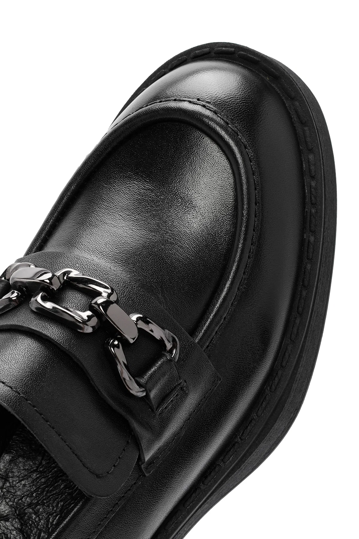 Kadın Siyah Kalın Topuklu Deri Maskülen Loafer - Image 11