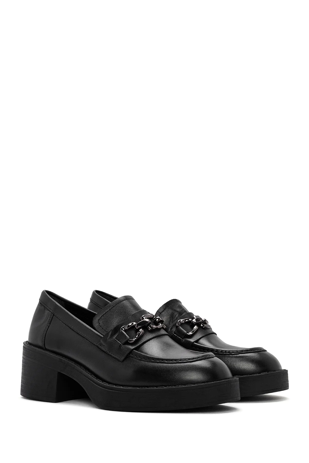 Kadın Siyah Kalın Topuklu Deri Maskülen Loafer - Image 3