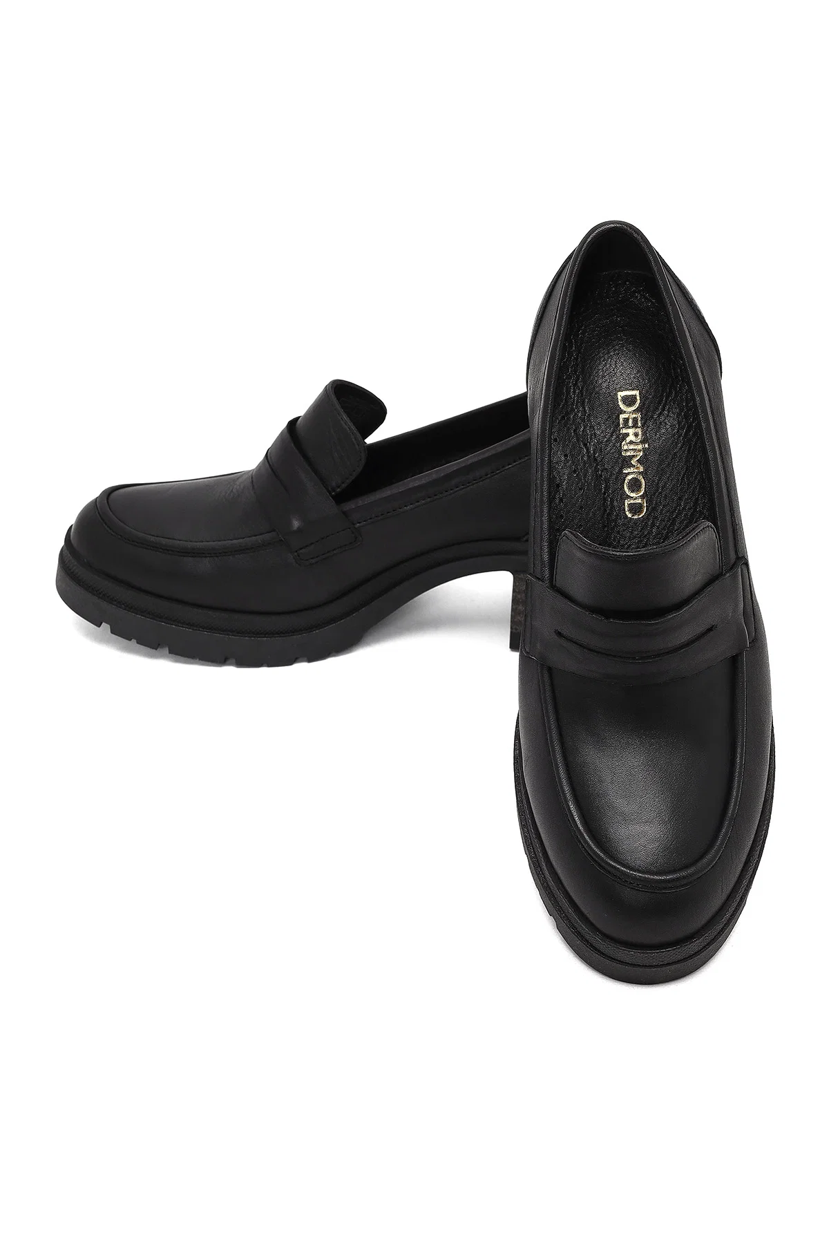 Kadın Siyah Kalın Topuklu Deri Maskülen Loafer - Image 12