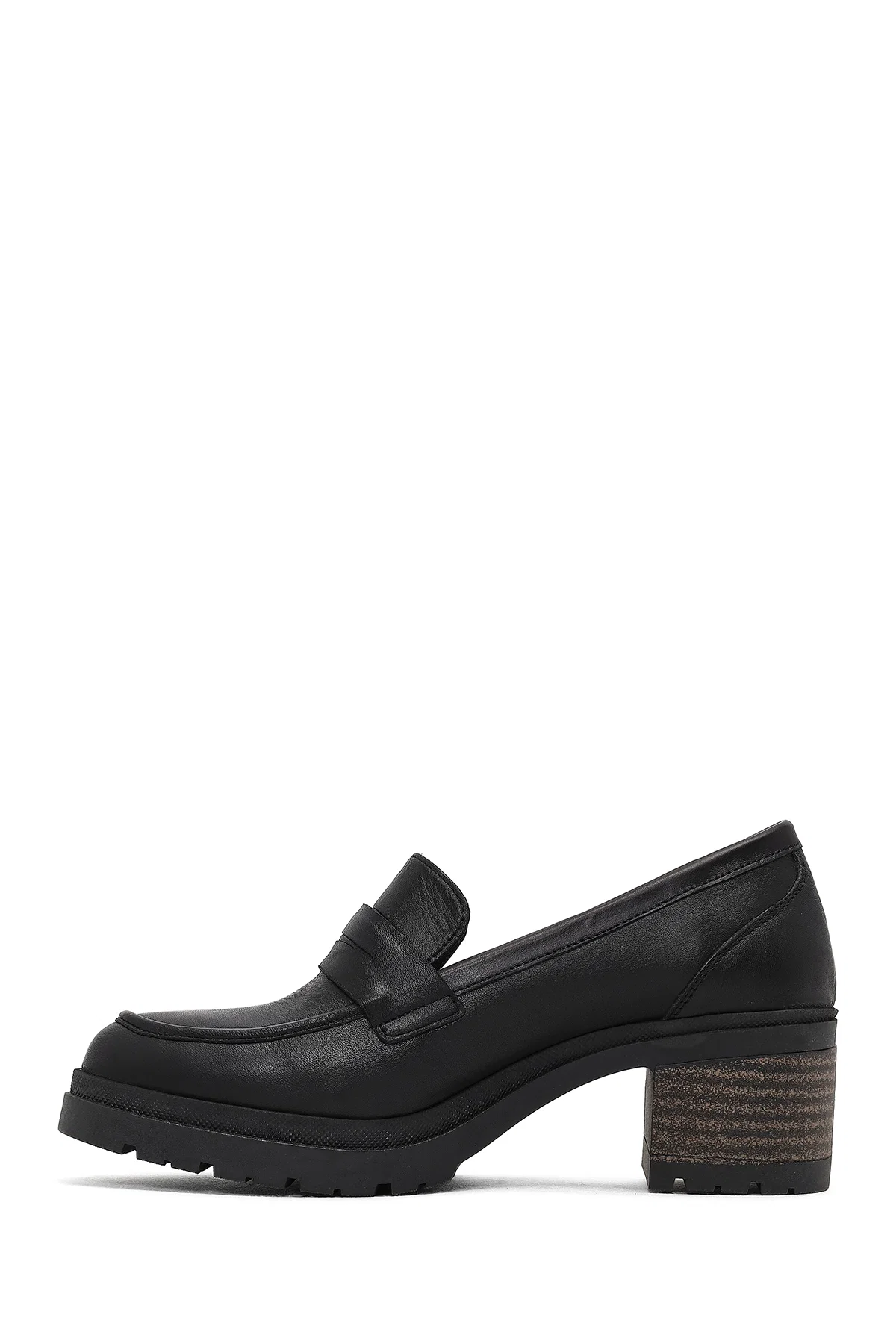 Kadın Siyah Kalın Topuklu Deri Maskülen Loafer - Image 4