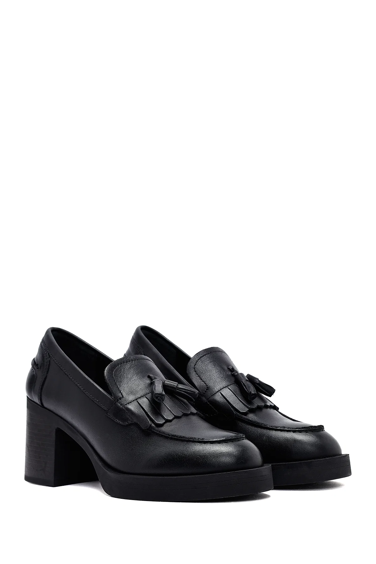 Kadın Siyah Kalın Topuklu Deri Maskülen Loafer - Image 3