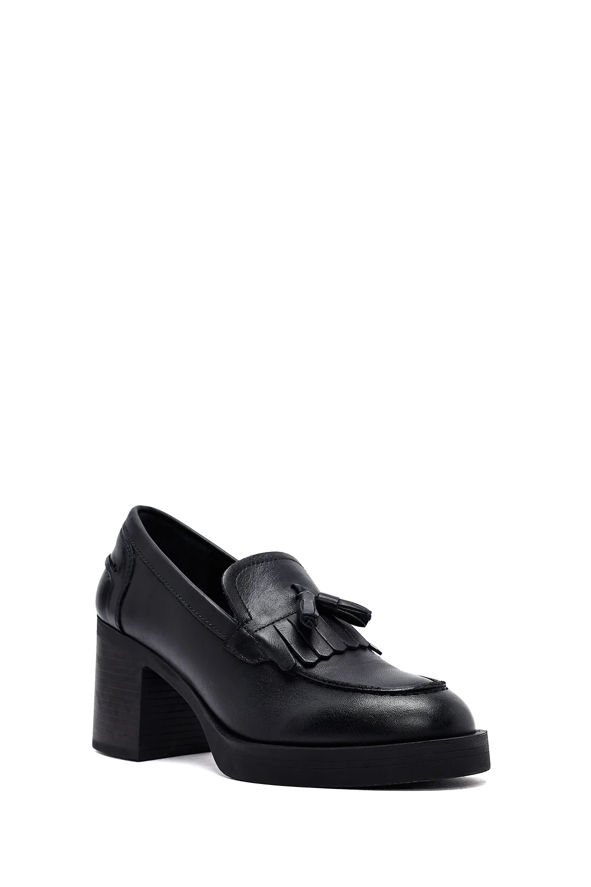 Kadın Siyah Kalın Topuklu Deri Maskülen Loafer - Image 7