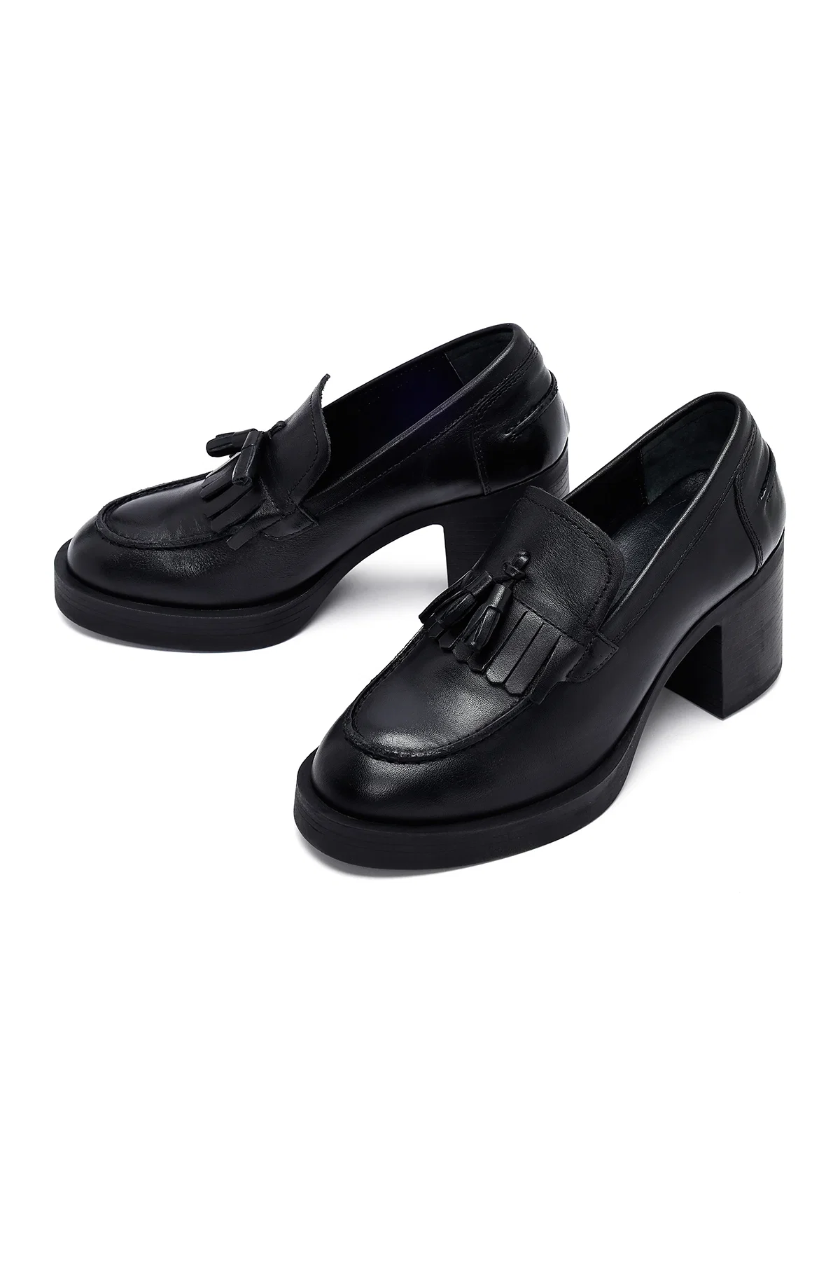 Kadın Siyah Kalın Topuklu Deri Maskülen Loafer - Image 9