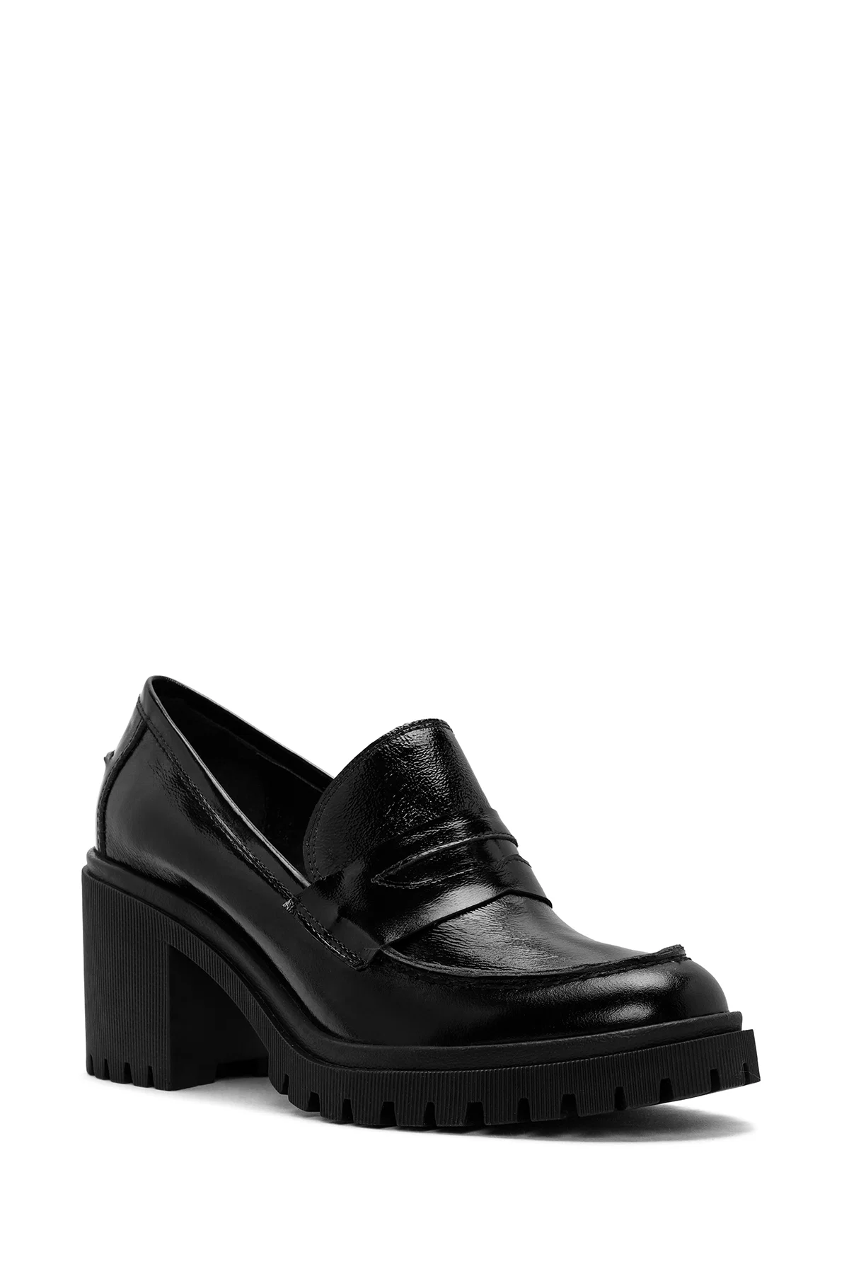 Kadın Siyah Kalın Topuklu Rugan Deri Maskülen Loafer - Image 7