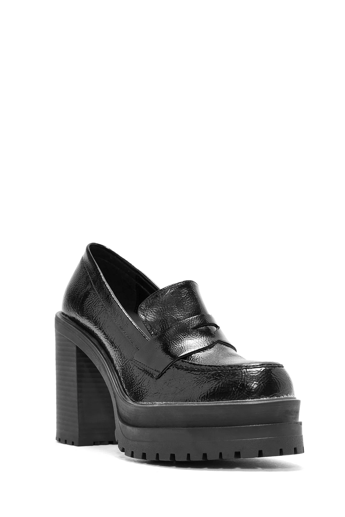 Kadın Siyah Kalın Topuklu Rugan Maskülen Loafer - Image 7