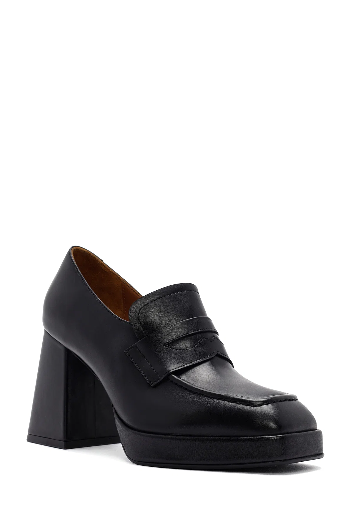 Kadın Siyah Kalın Yüksek Topuklu Deri Maskülen Loafer - Image 7