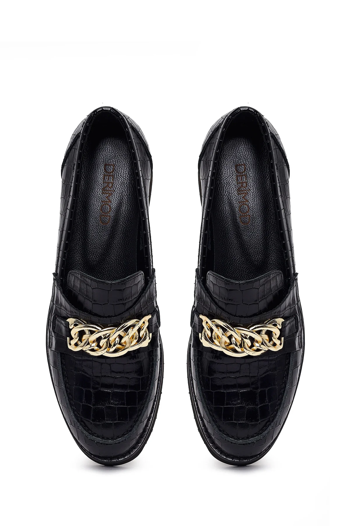 Kadın Siyah Kroko Desenli Zincir Detaylı Deri Maskülen Loafer - Image 4
