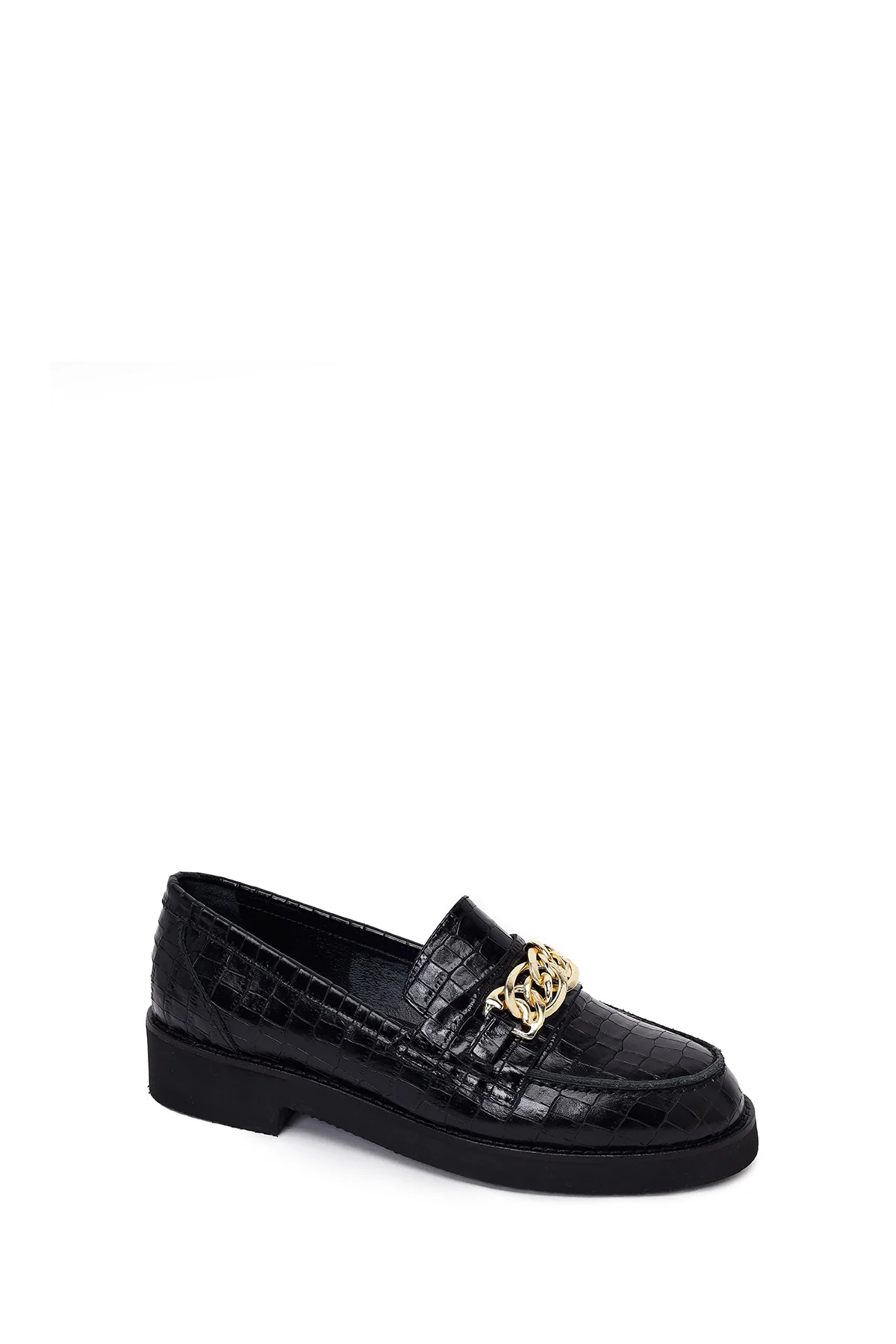 Kadın Siyah Kroko Desenli Zincir Detaylı Deri Maskülen Loafer - Image 7