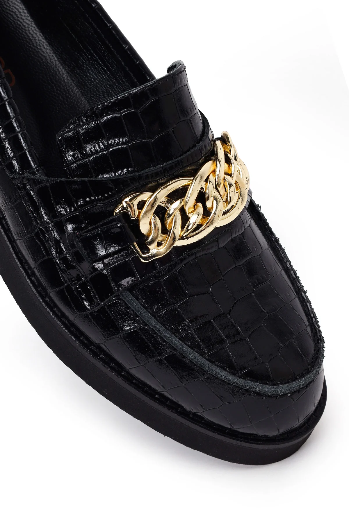 Kadın Siyah Kroko Desenli Zincir Detaylı Deri Maskülen Loafer - Image 9