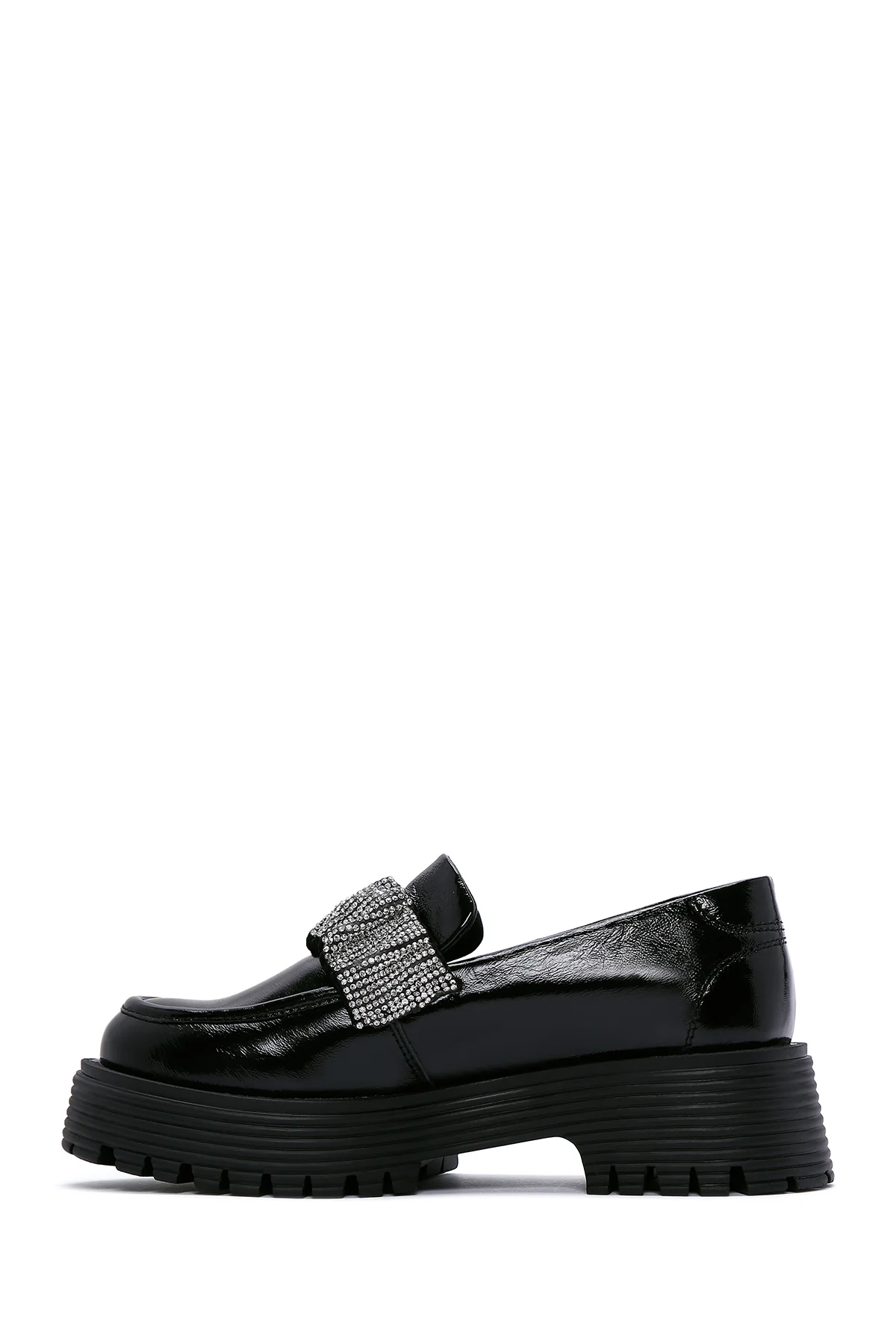 Kadın Siyah Rugan Deri Taşlı Maskülen Loafer - Image 3