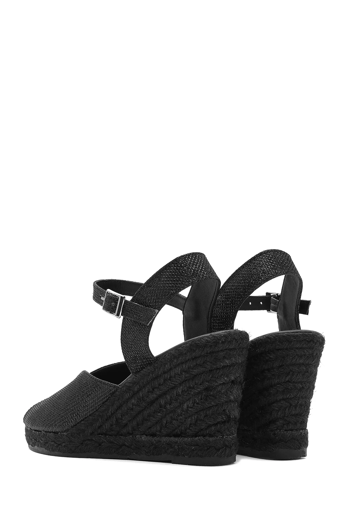 Kadın Siyah Simli Bilekten Tokalı Dolgu Topuklu Espadril Sandalet - Image 6