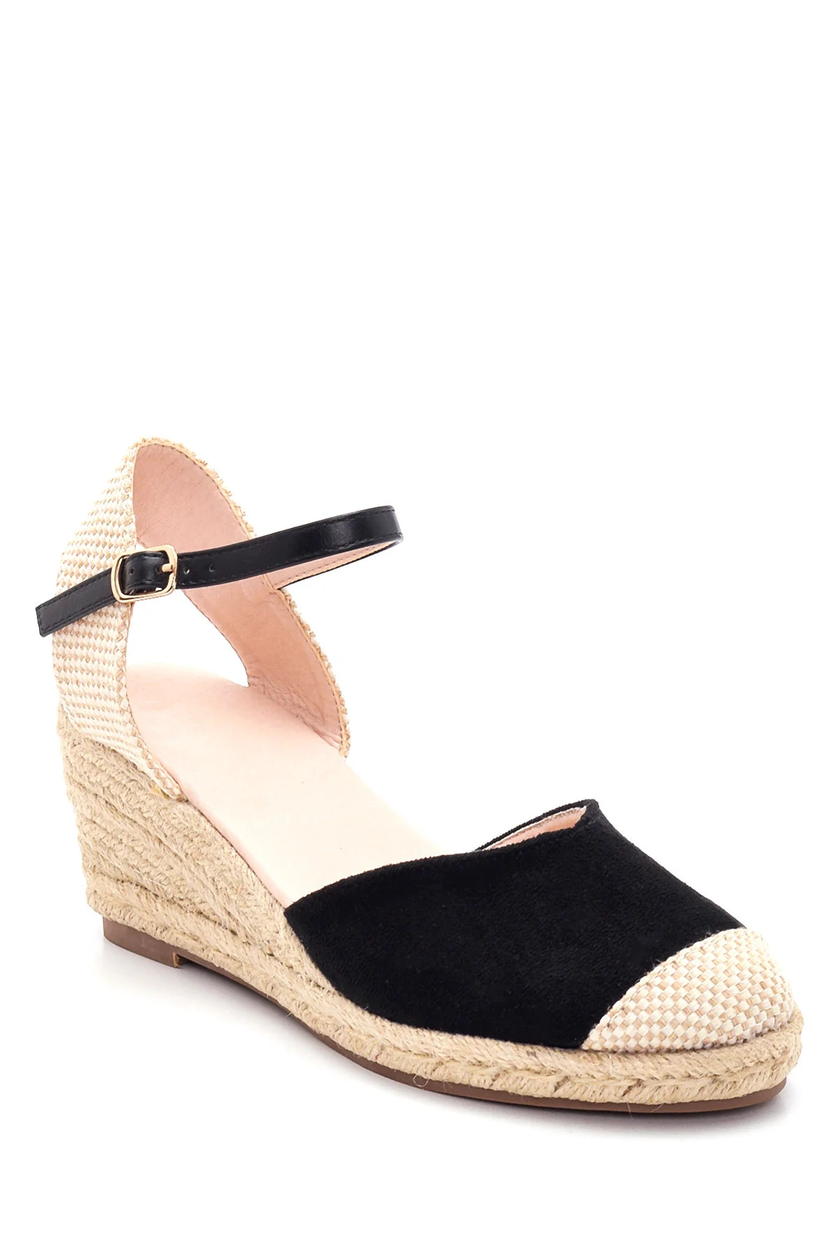 Kadın Siyah Süet Dolgu Topuk Espadril Sandalet - Image 3
