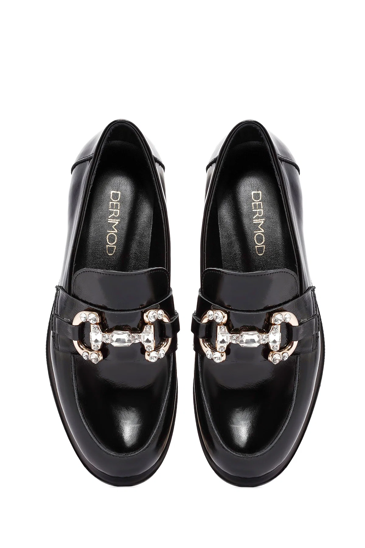 Kadın Siyah Taş Detaylı Deri Maskülen Loafer - Image 7