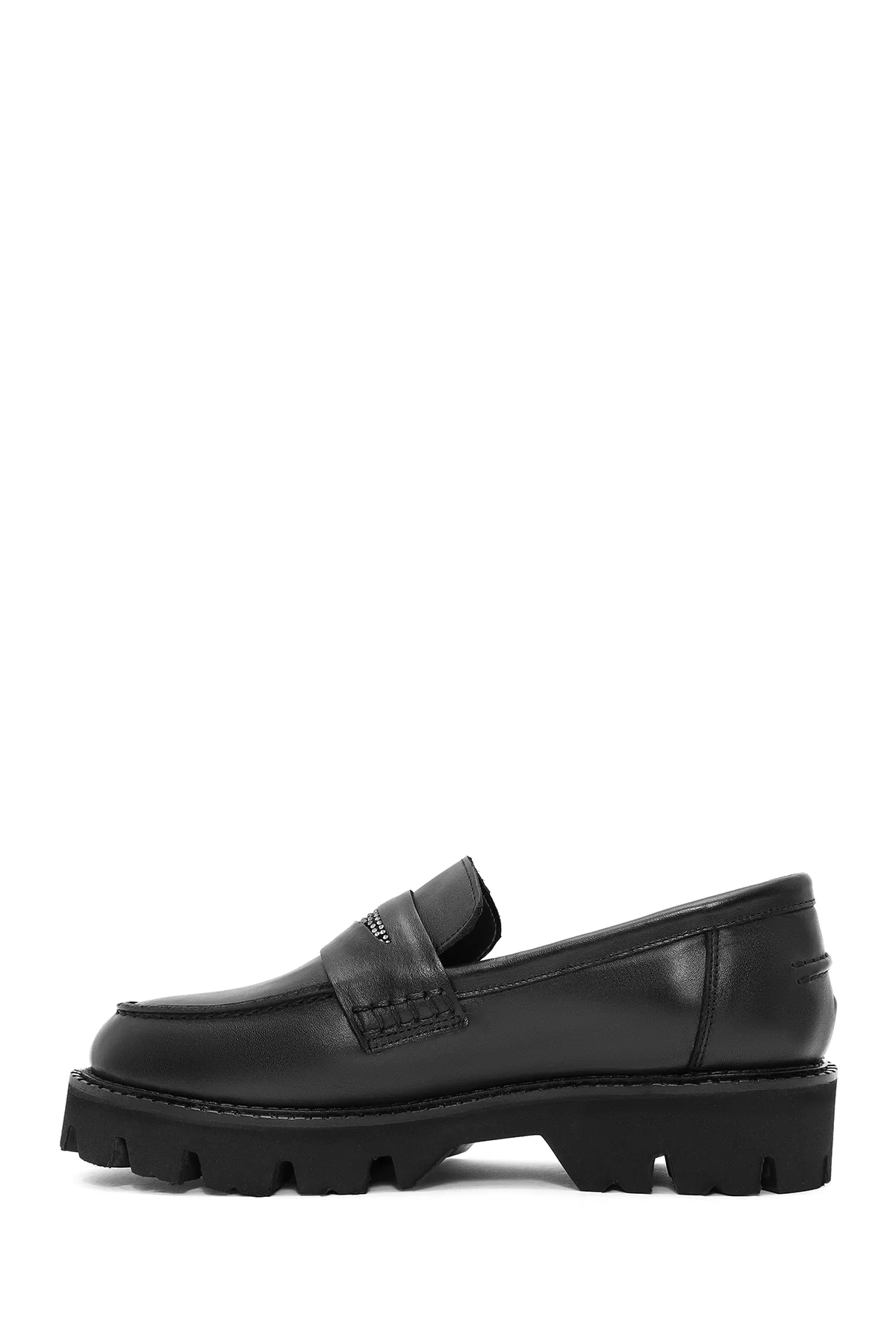 Kadın Siyah Taş Detaylı Deri Maskülen Loafer - Image 2