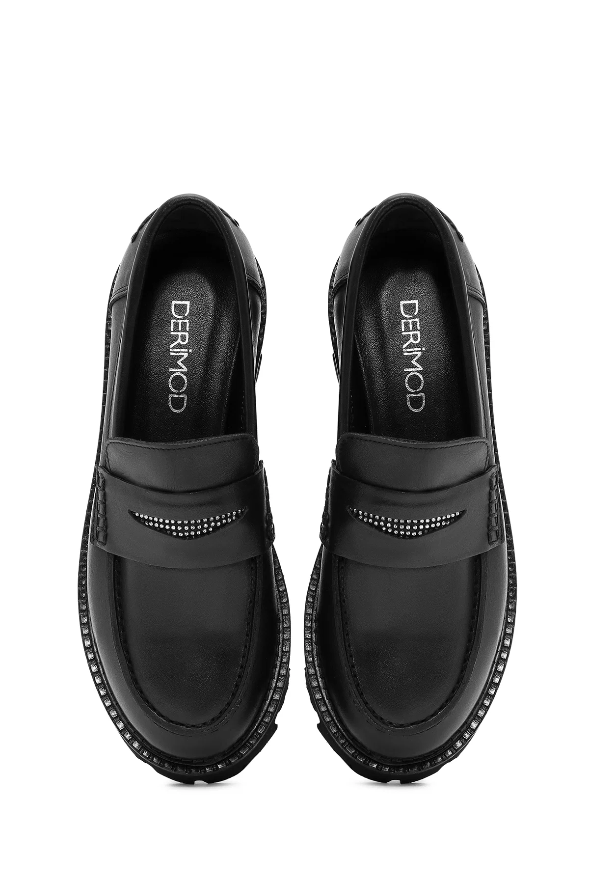 Kadın Siyah Taş Detaylı Deri Maskülen Loafer - Image 7