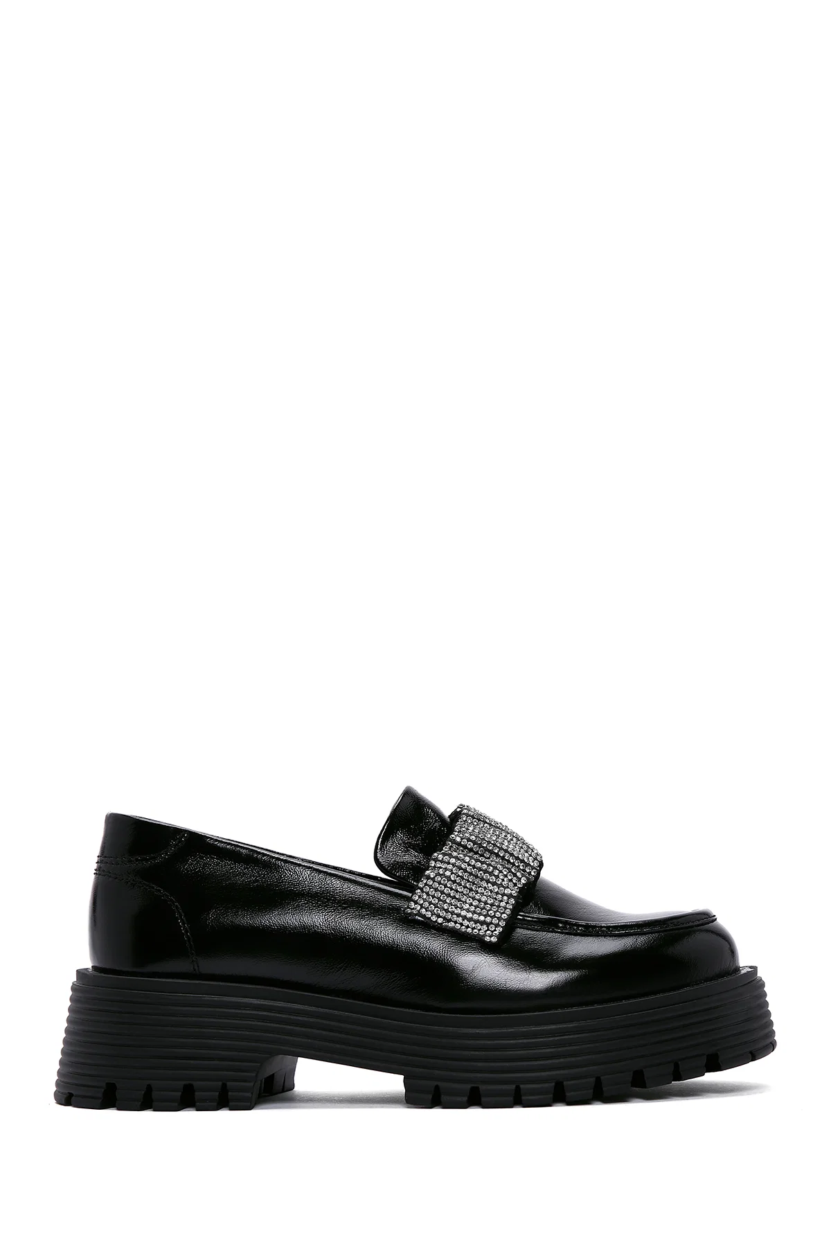 Kadın Siyah Taş Detaylı Deri Maskülen Loafer - Image 2