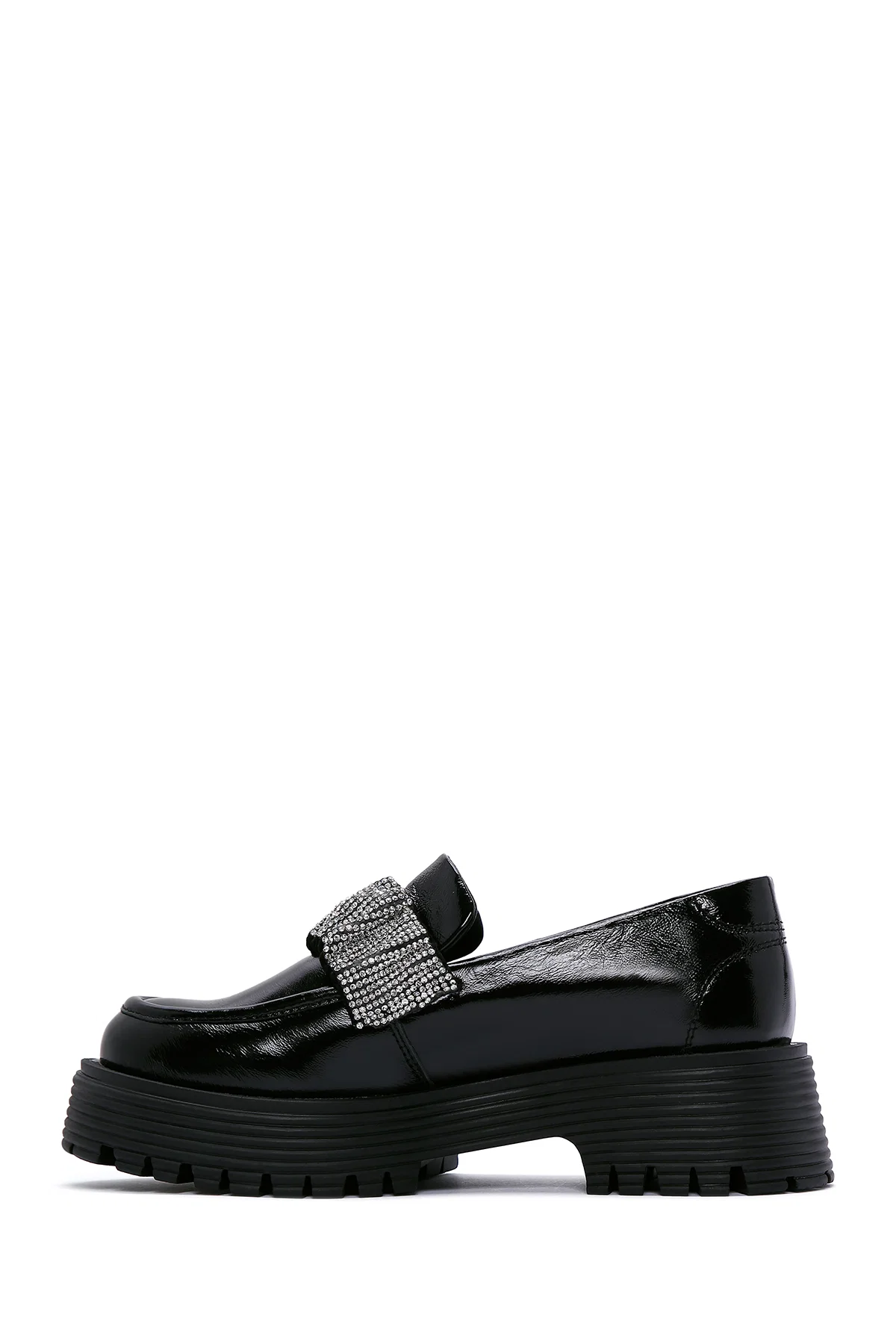 Kadın Siyah Taş Detaylı Deri Maskülen Loafer - Image 4