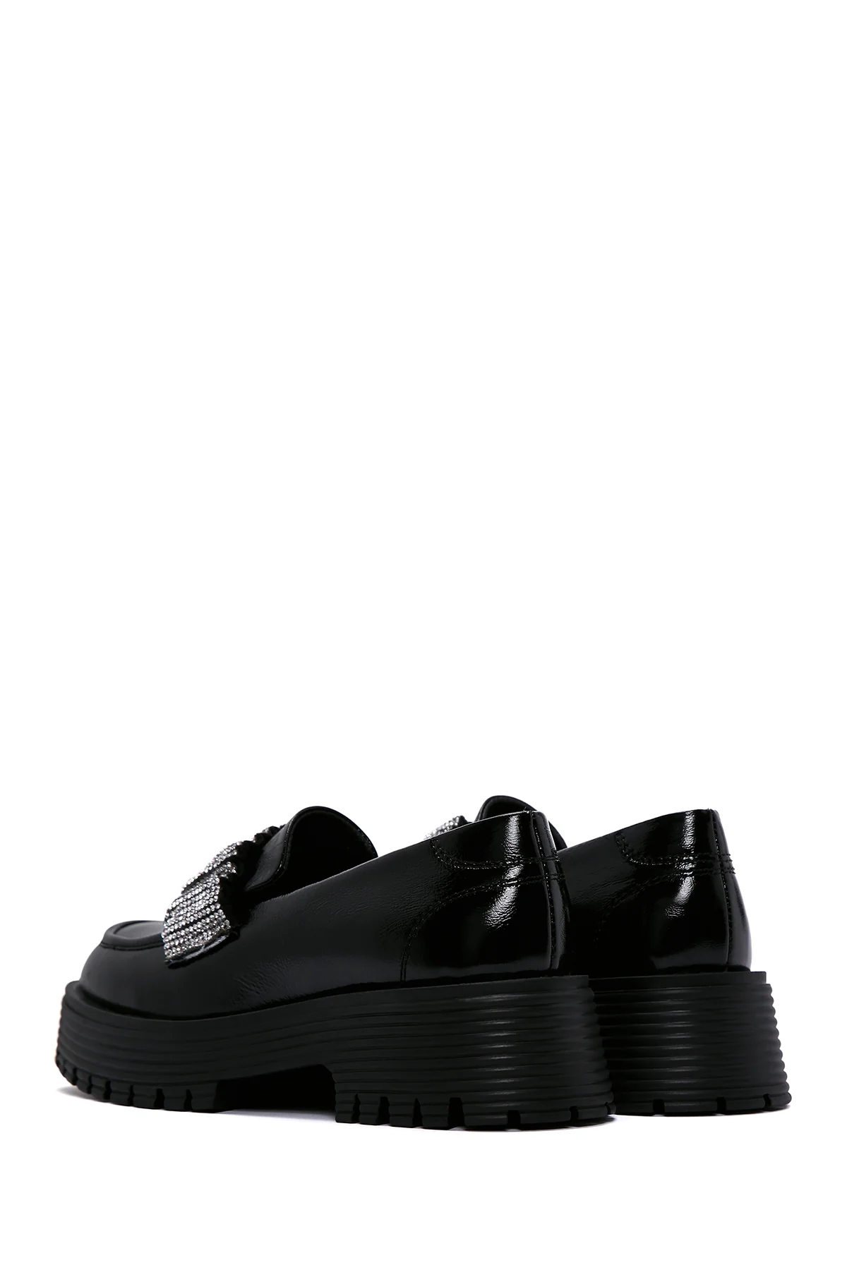 Kadın Siyah Taş Detaylı Yüksek Taban Deri Maskülen Loafer - Image 6