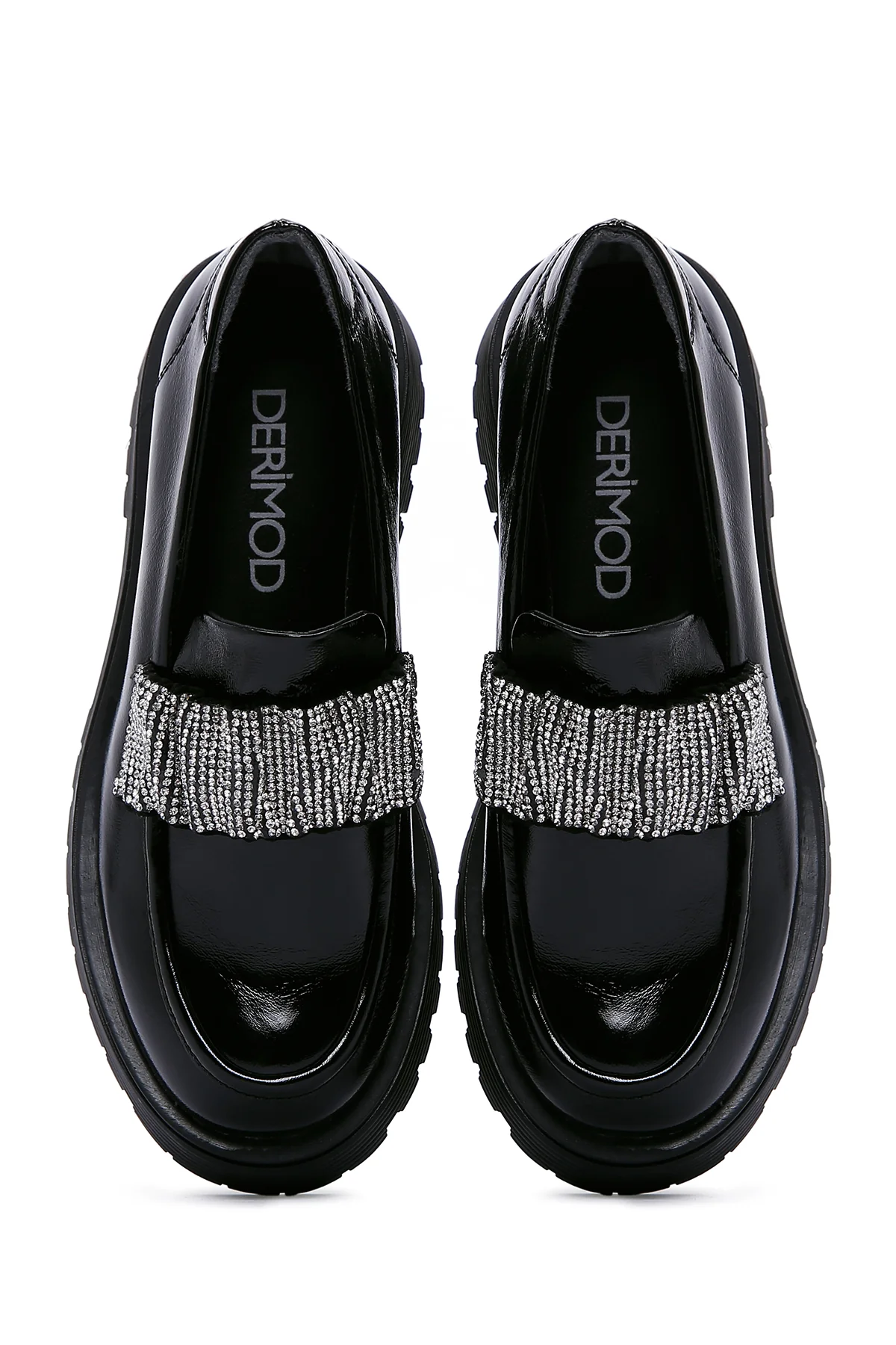 Kadın Siyah Taş Detaylı Yüksek Taban Deri Maskülen Loafer - Image 7