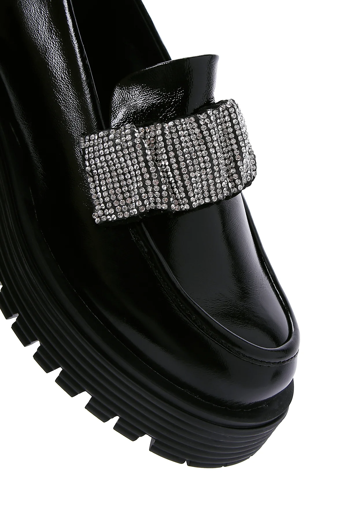 Kadın Siyah Taş Detaylı Yüksek Taban Deri Maskülen Loafer - Image 9