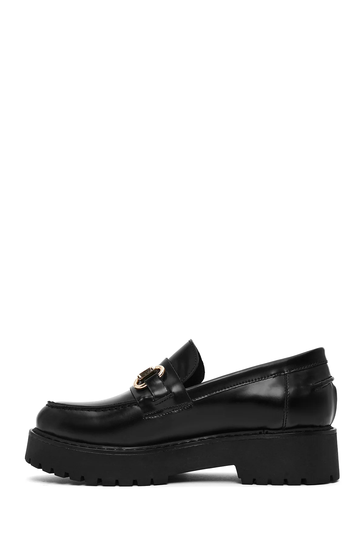 Kadın Siyah Toka Detaylı Kalın Tabanlı Deri Maskülen Loafer - Image 3