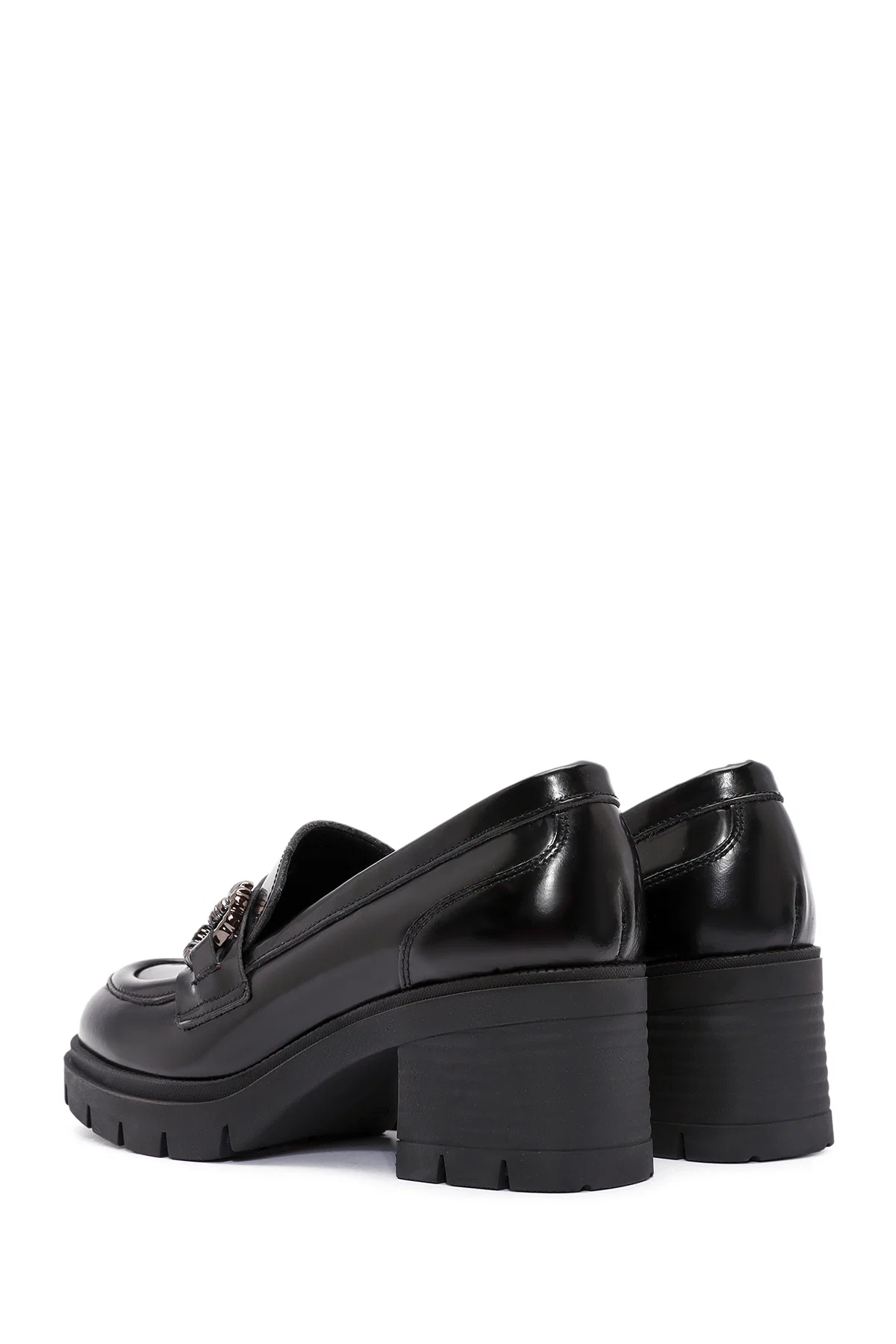 Kadın Siyah Toka Detaylı Kalın Topuklu Deri Maskülen Loafer - Image 6