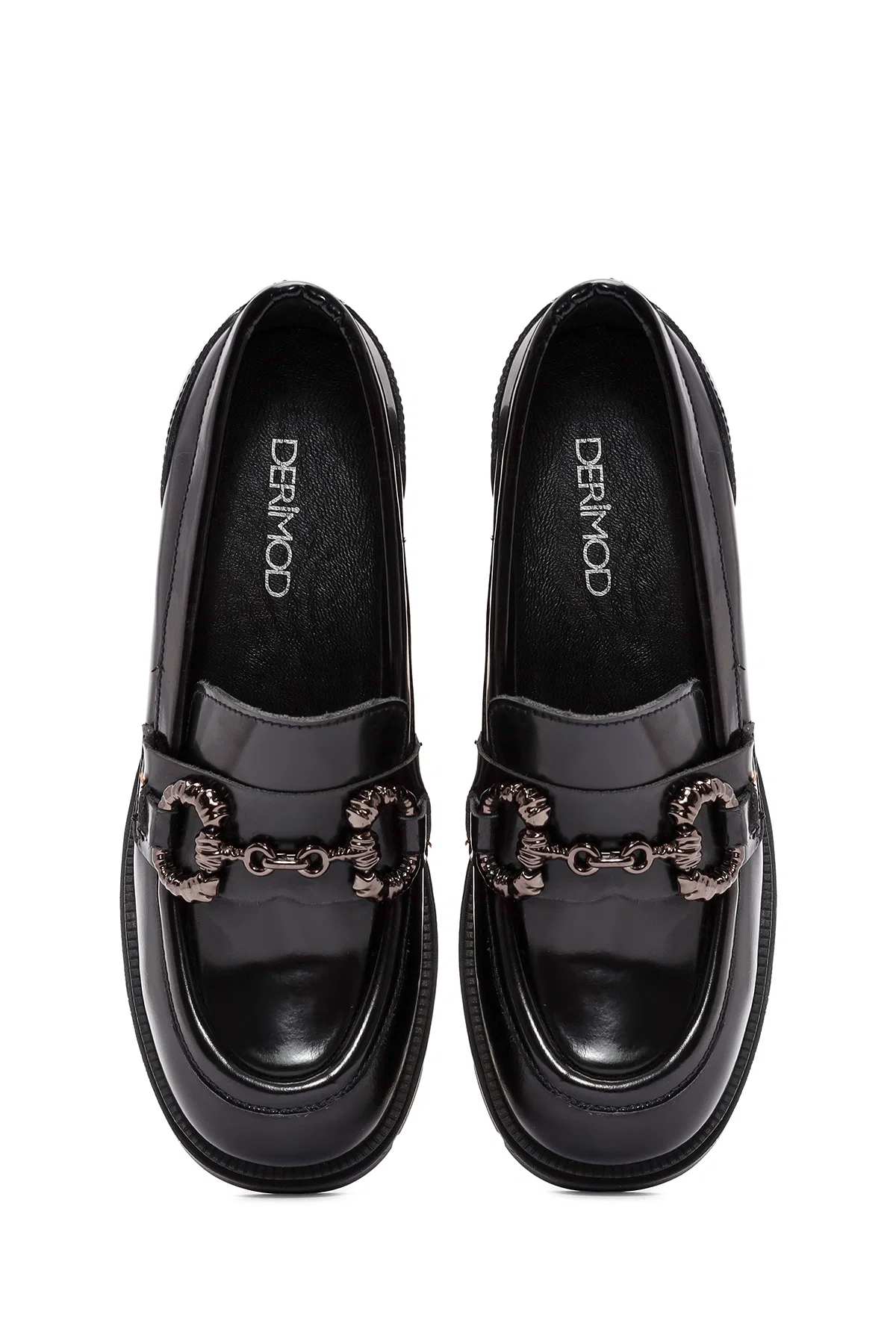 Kadın Siyah Toka Detaylı Kalın Topuklu Deri Maskülen Loafer - Image 8