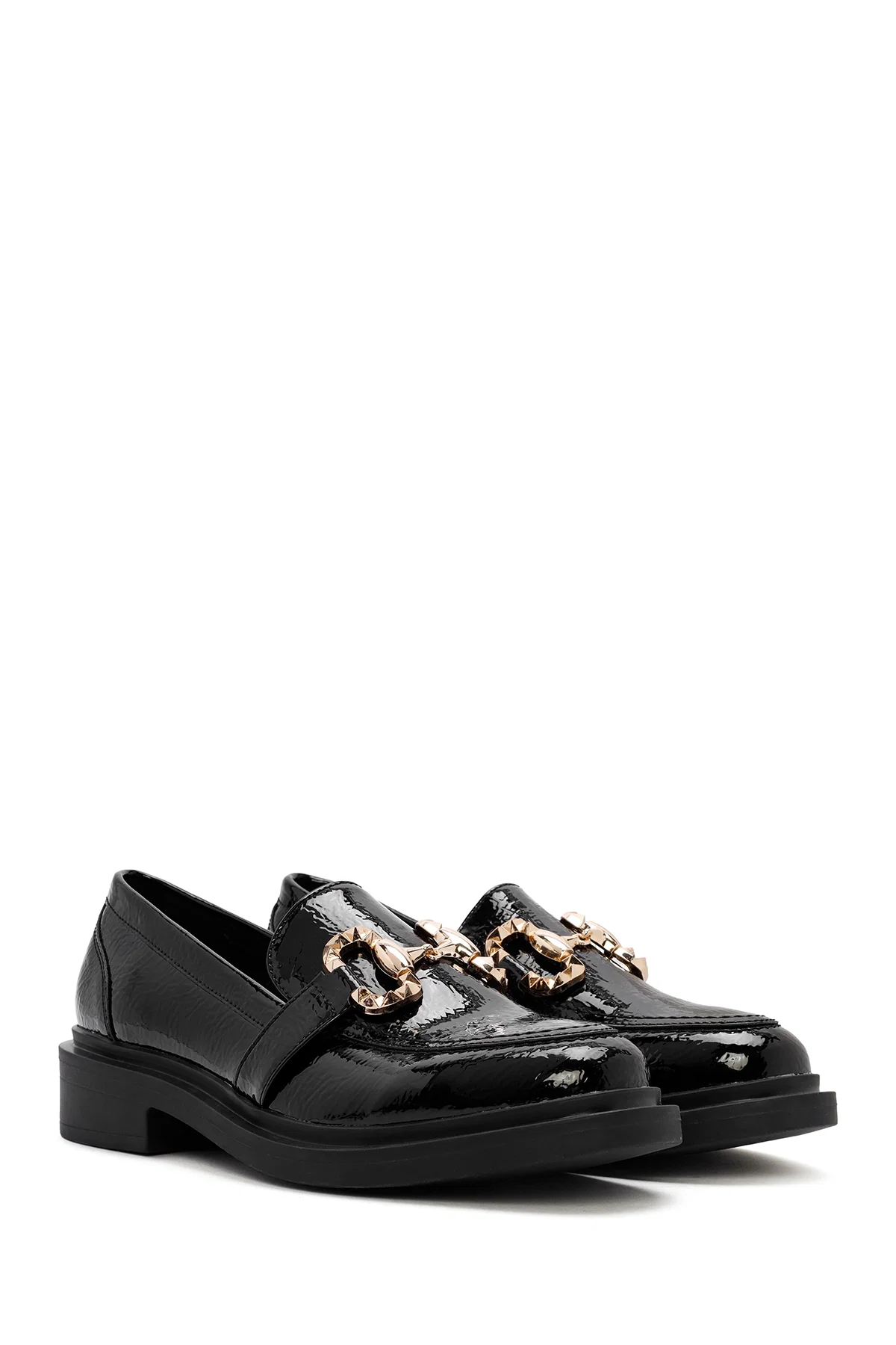 Kadın Siyah Toka Detaylı Rugan Maskülen Loafer - Image 3