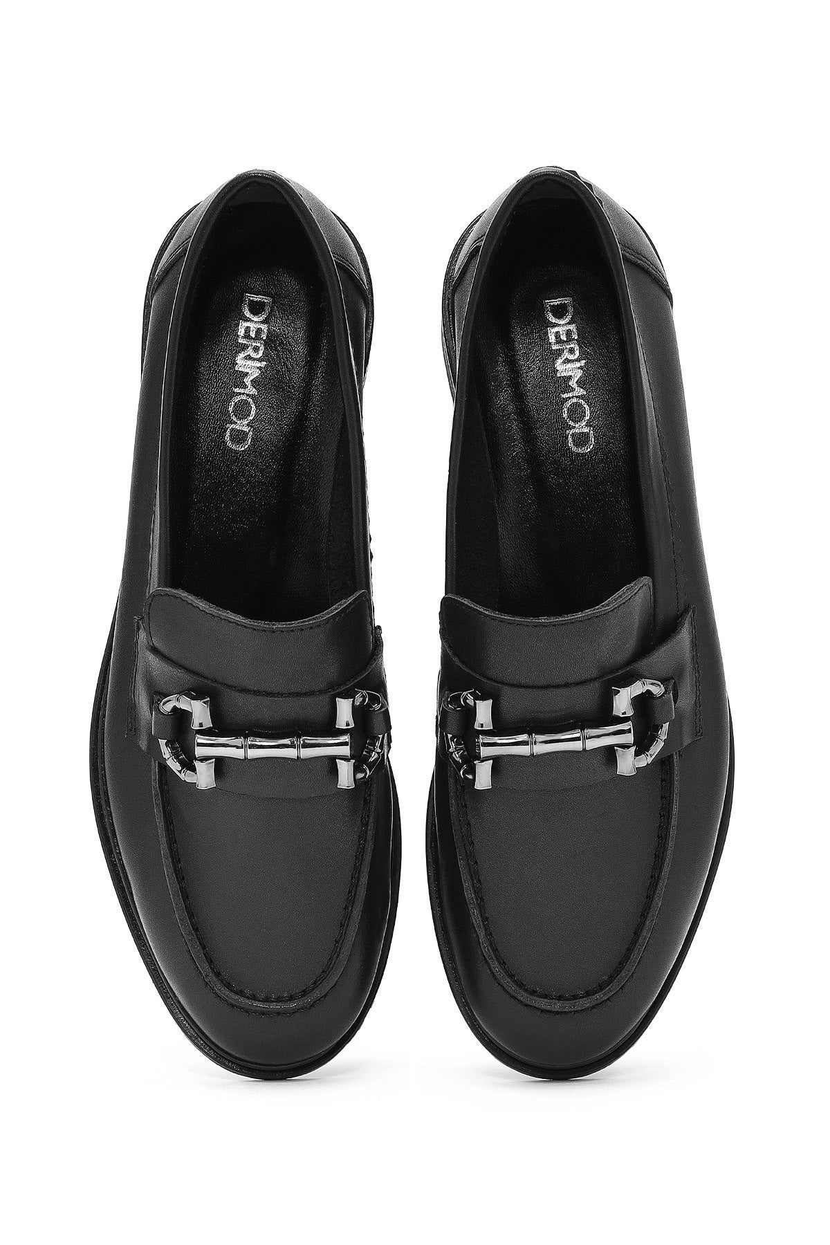 Kadın Siyah Tokalı Deri Maskülen Loafer - Image 4