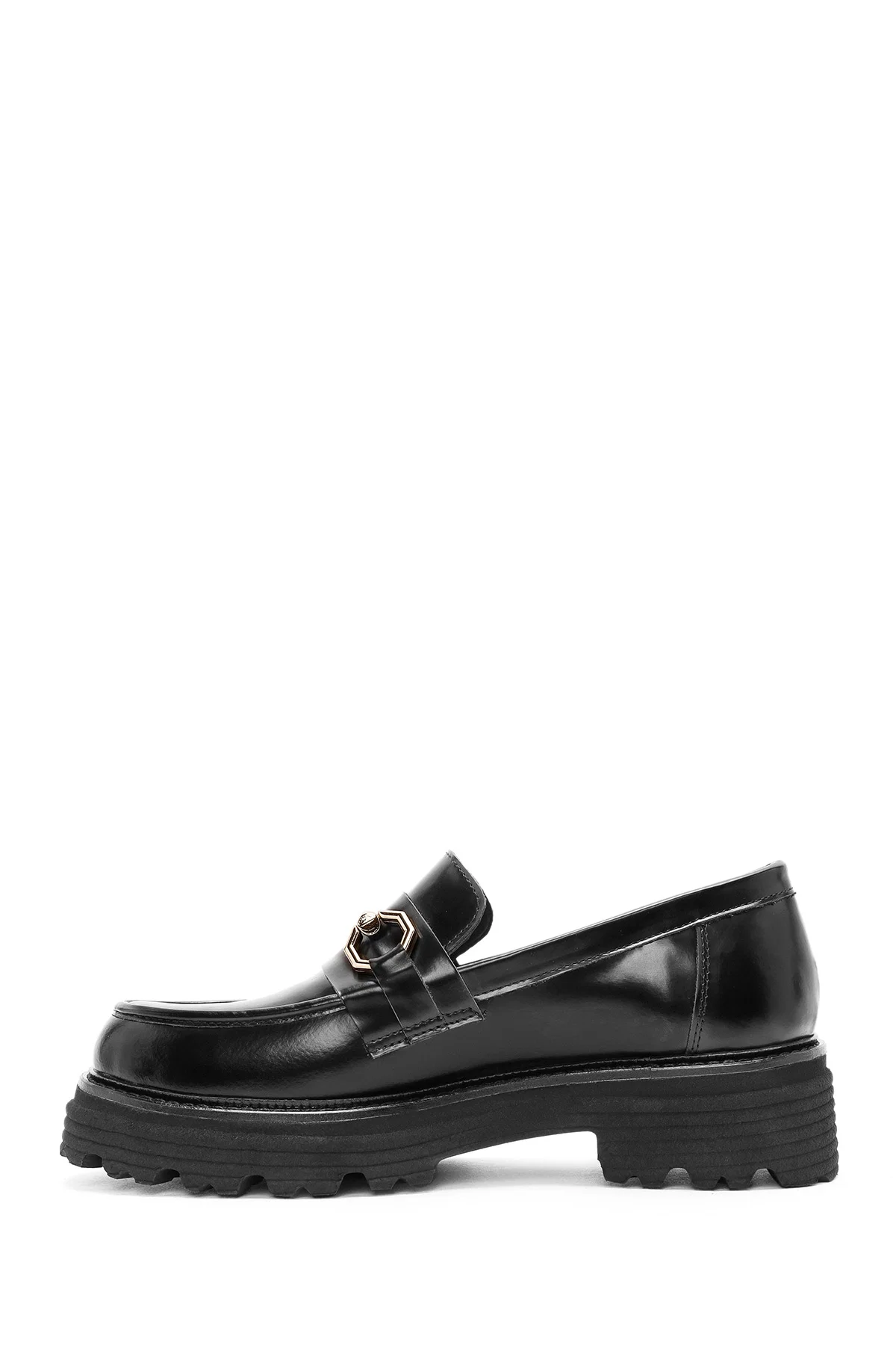 Kadın Siyah Tokalı Deri Maskülen Loafer - Image 2