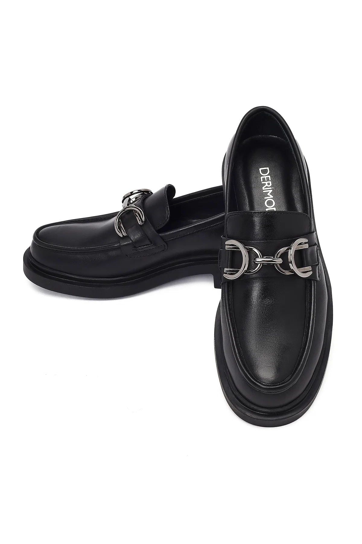 Kadın Siyah Tokalı Deri Maskülen Loafer - Image 10