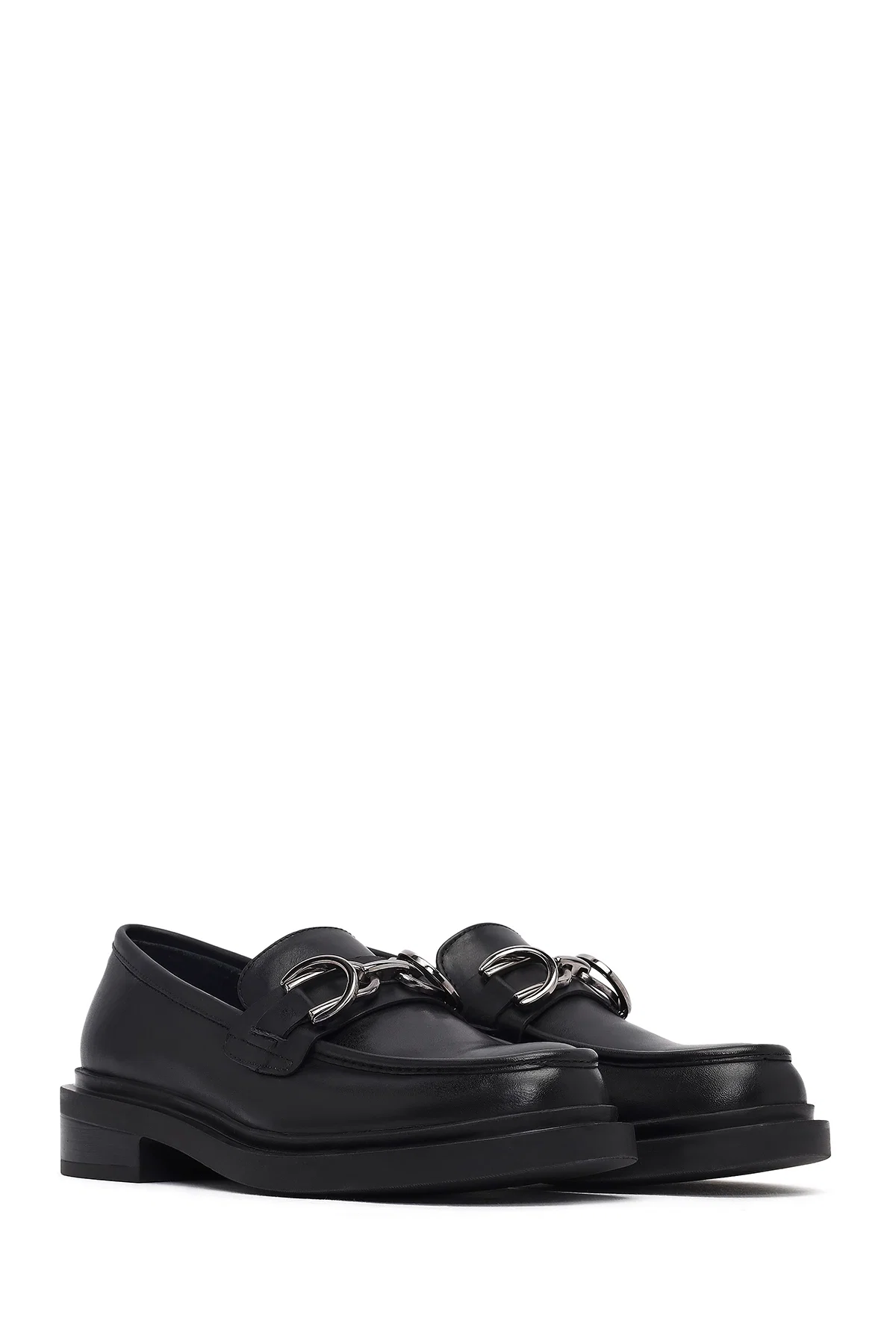 Kadın Siyah Tokalı Deri Maskülen Loafer - Image 3