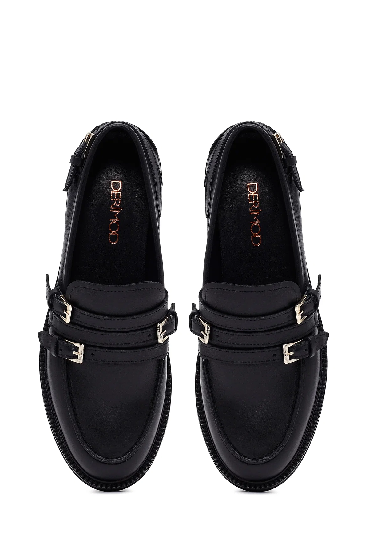Kadın Siyah Tokalı Deri Maskülen Loafer - Image 9
