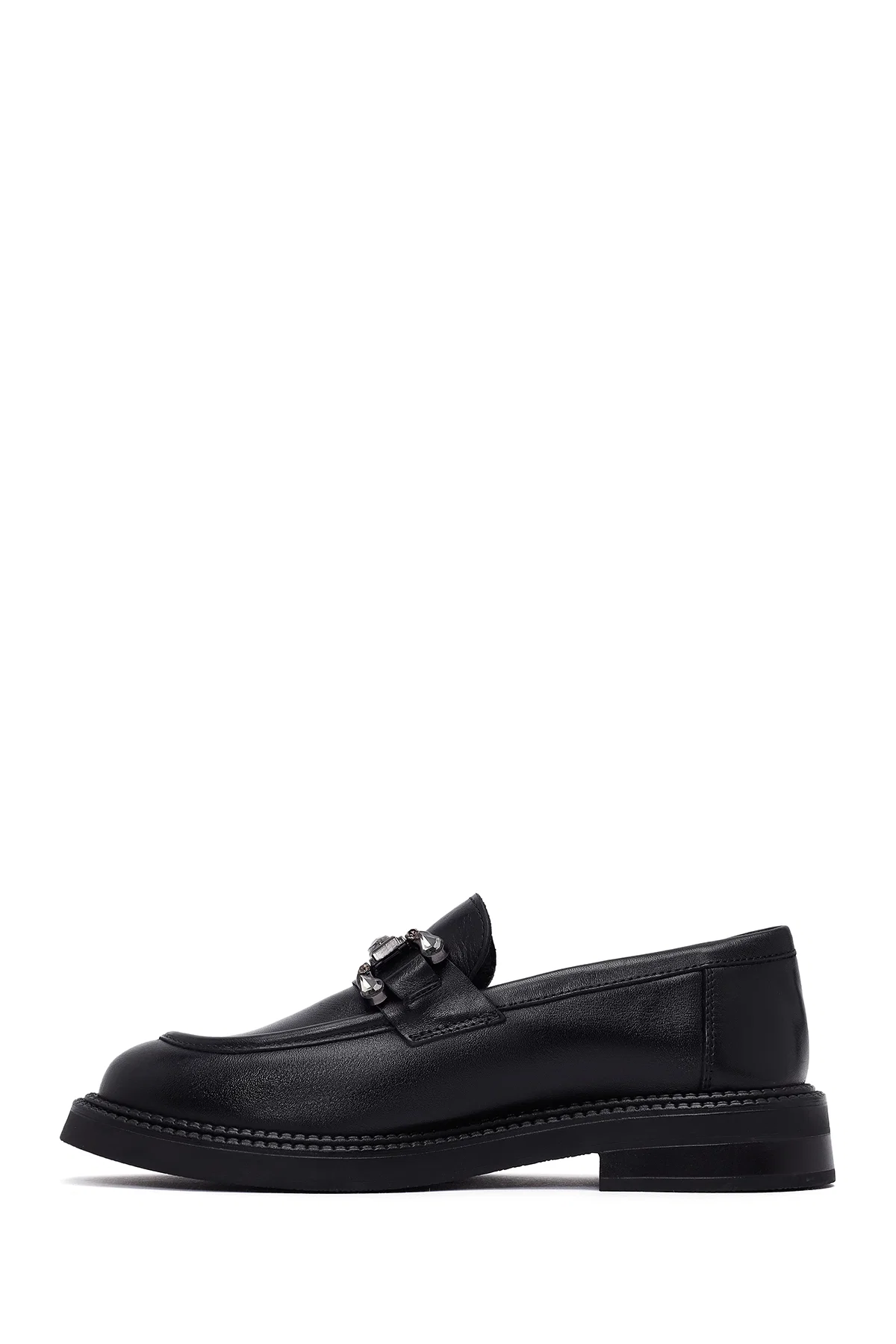 Kadın Siyah Tokalı Deri Maskülen Loafer - Image 2