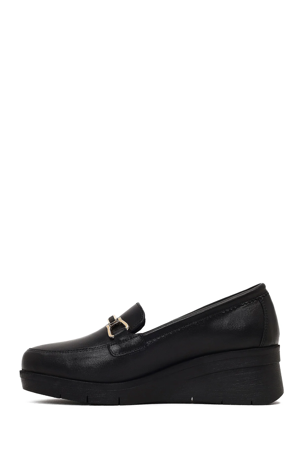 Kadın Siyah Tokalı Dolgu Topuklu Deri Comfort Loafer - Image 2